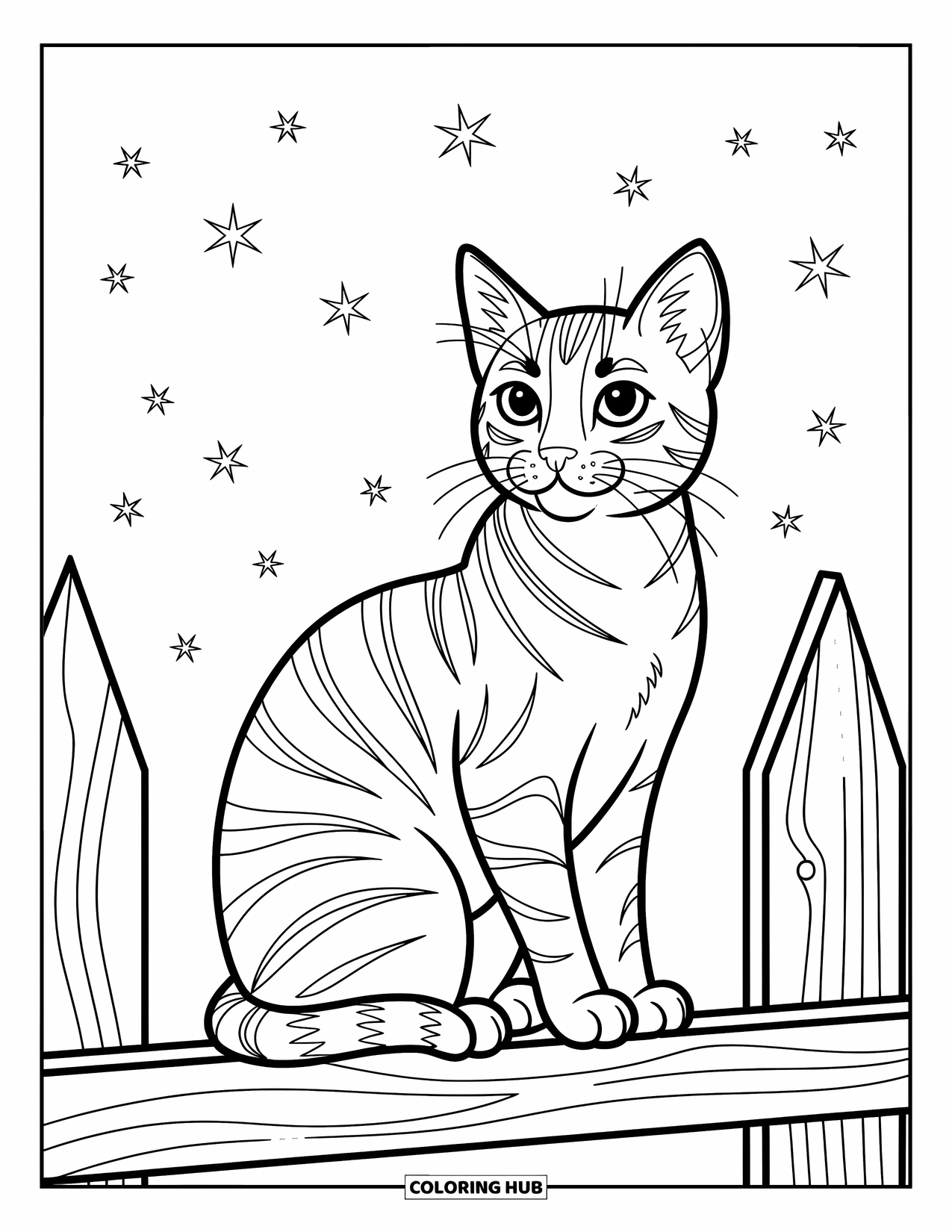 Dibujo de gato para colorear para niños: Un gato curioso se posa en una cerca rústica, observando las estrellas brillantes en un cielo nocturno bellamente delineado