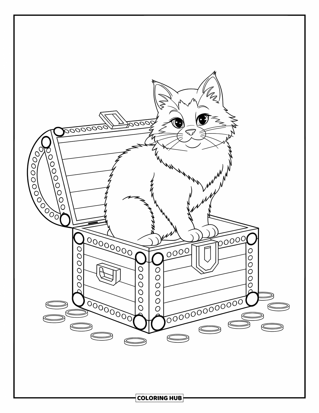 Dibujo de gato para colorear para niños: Un gato curioso se sienta en un cofre abierto, mirando monedas de oro esparcidas en una escena dinámica de líneas audaces