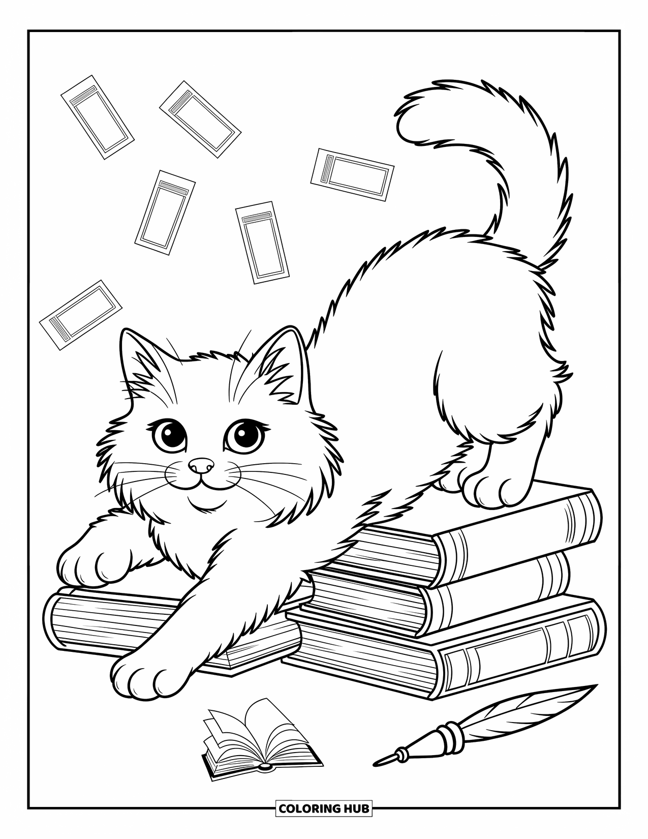 Dibujo de gato para colorear para niños: Un gato curioso se estira junto a una pila caprichosa de libros, con su cola enrollándose juguetonamente