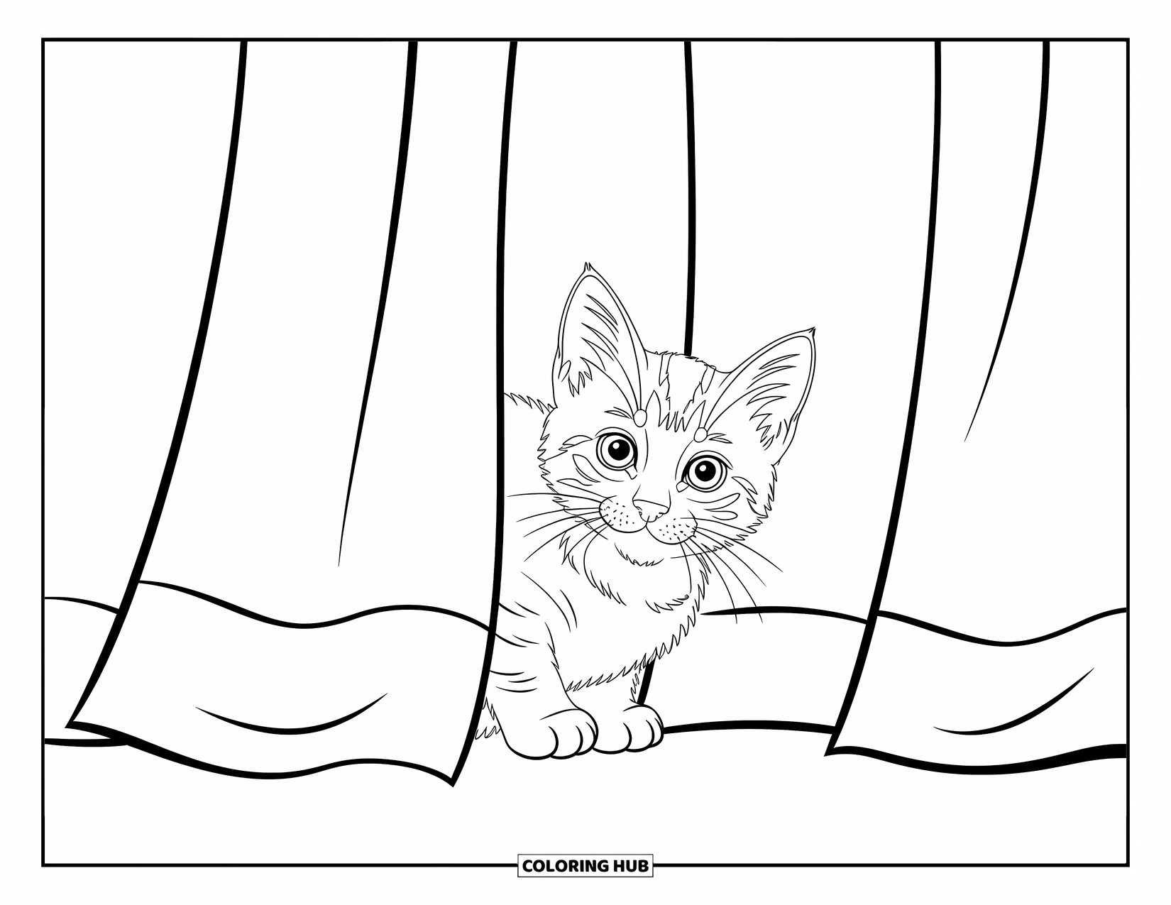 Dibujo de gato para colorear para niños: Un gatito curioso salta a través de vías de tren de juguete, rodeado de detalles simples y atractivos