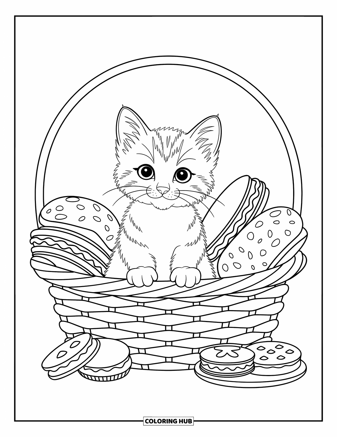 Dibujo de gato para colorear para niños: Un gatito curioso descansa en una cesta de picnic, enmarcado por flores flotantes y detalles caprichosos