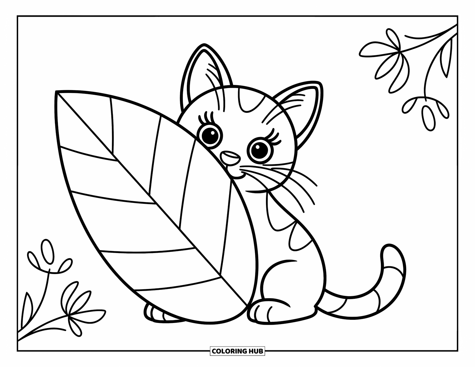 Dibujo de gato para colorear para niños: Un gatito curioso asoma por detrás de una hoja grande, con los ojos llenos de asombro