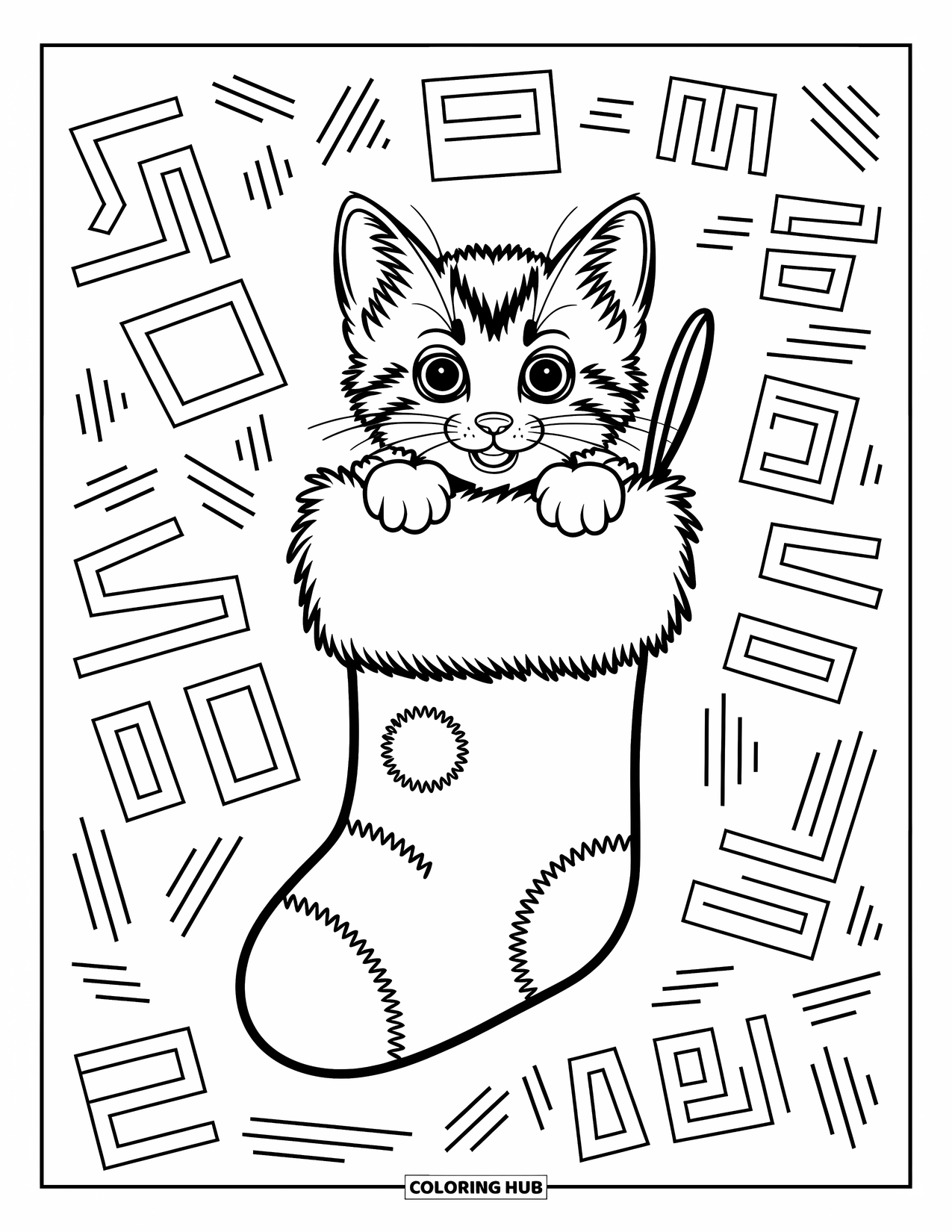 Dibujo de gato para colorear para niños: Un gatito curioso asoma desde una media navideña, rodeado de hojas festivas de acebo y estrellas parpadeantes