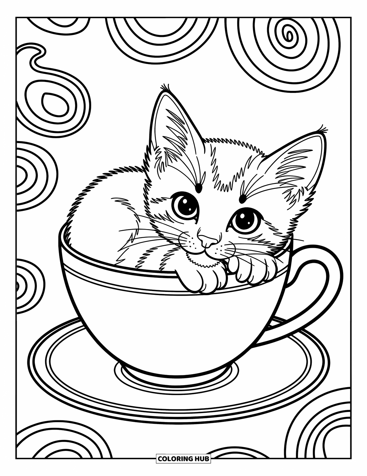 Dibujo de gato para colorear para niños: Un gatito curioso se estira con una pata, tratando de atrapar una pluma flotante