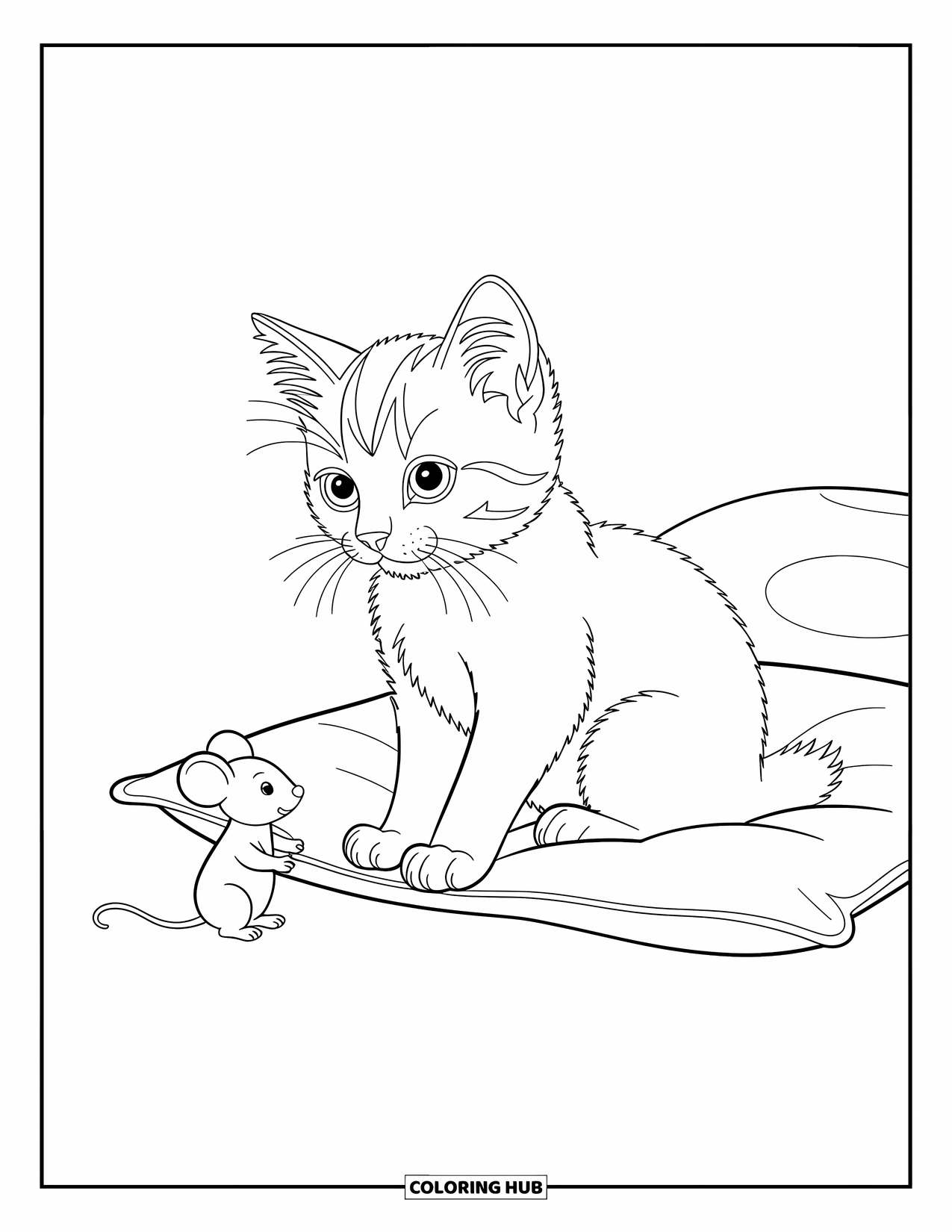 Dibujo de gato para colorear para niños: Un gatito curioso descansa en una almohada suave, con los ojos fijos en un ratón de juguete