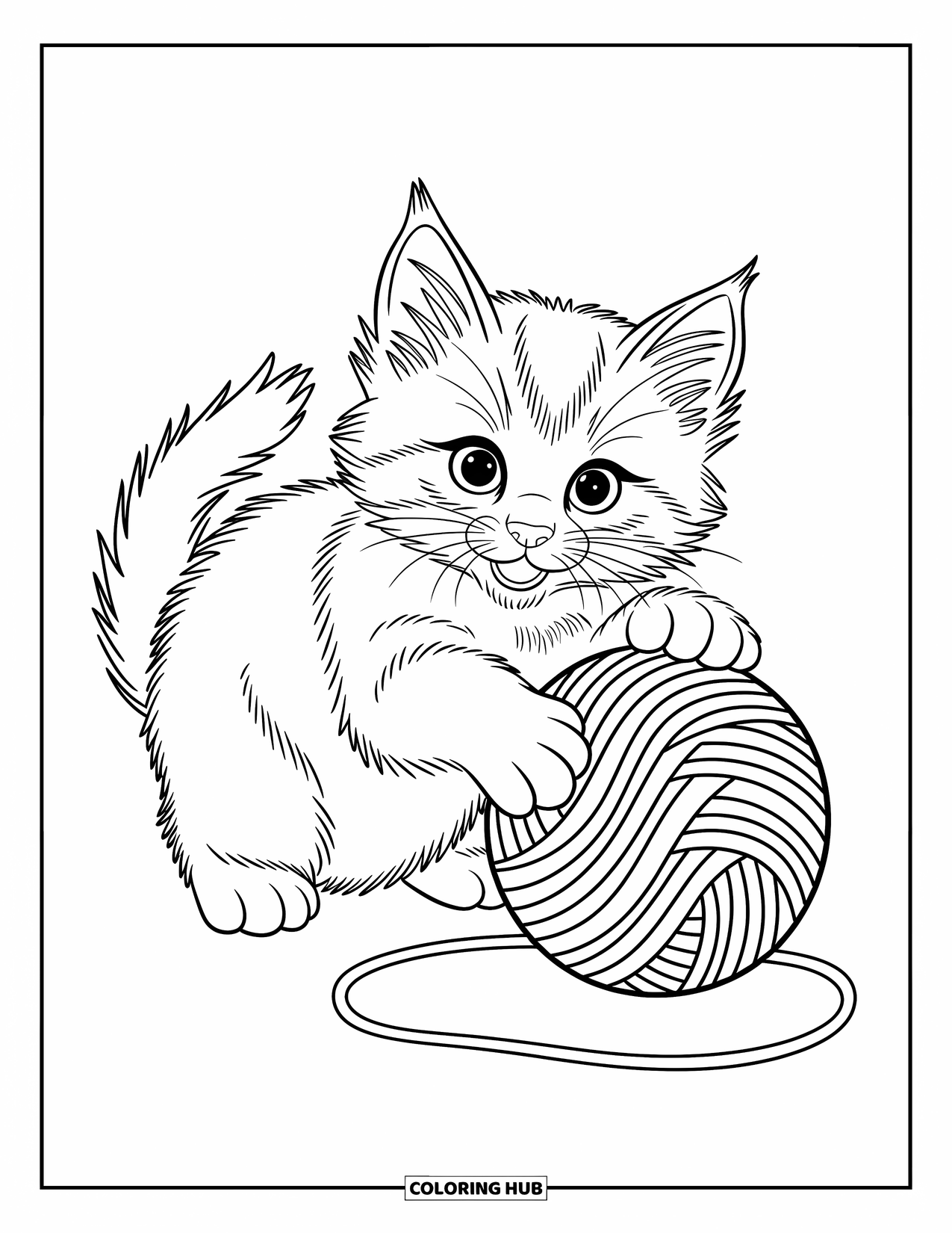 Dibujo de gato para colorear para niños: Un gatito curioso se sienta junto a una bola de estambre, golpeando suavemente la cuerda con su pata