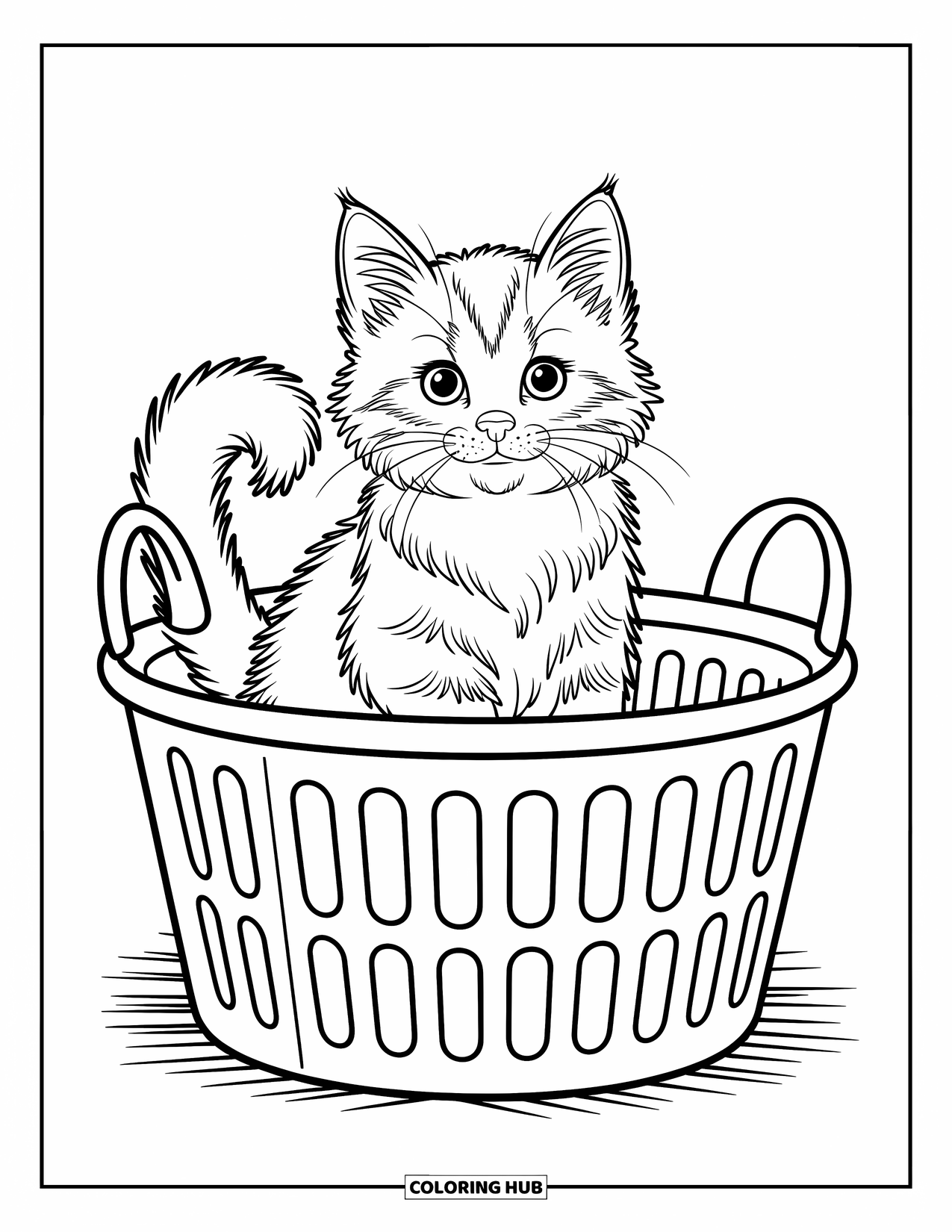 Dibujo de gato para colorear para niños: Un gatito curioso se para sobre sus patas traseras, alcanzando una pluma flotante