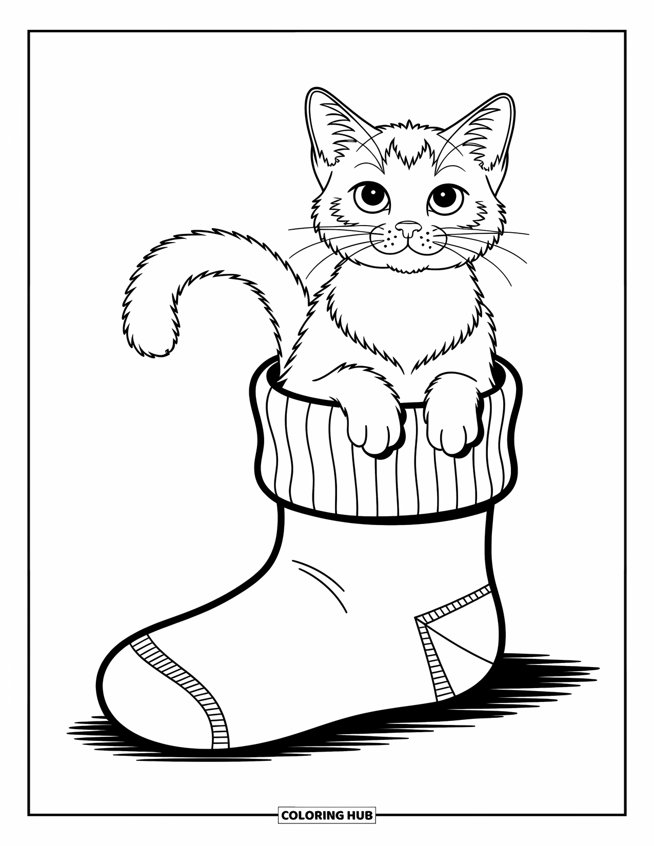 Dibujo de gato para colorear para niños: Un gato siamés curioso se acurruca dentro de un calcetín gigante, con sus ojos asomando juguetonamente