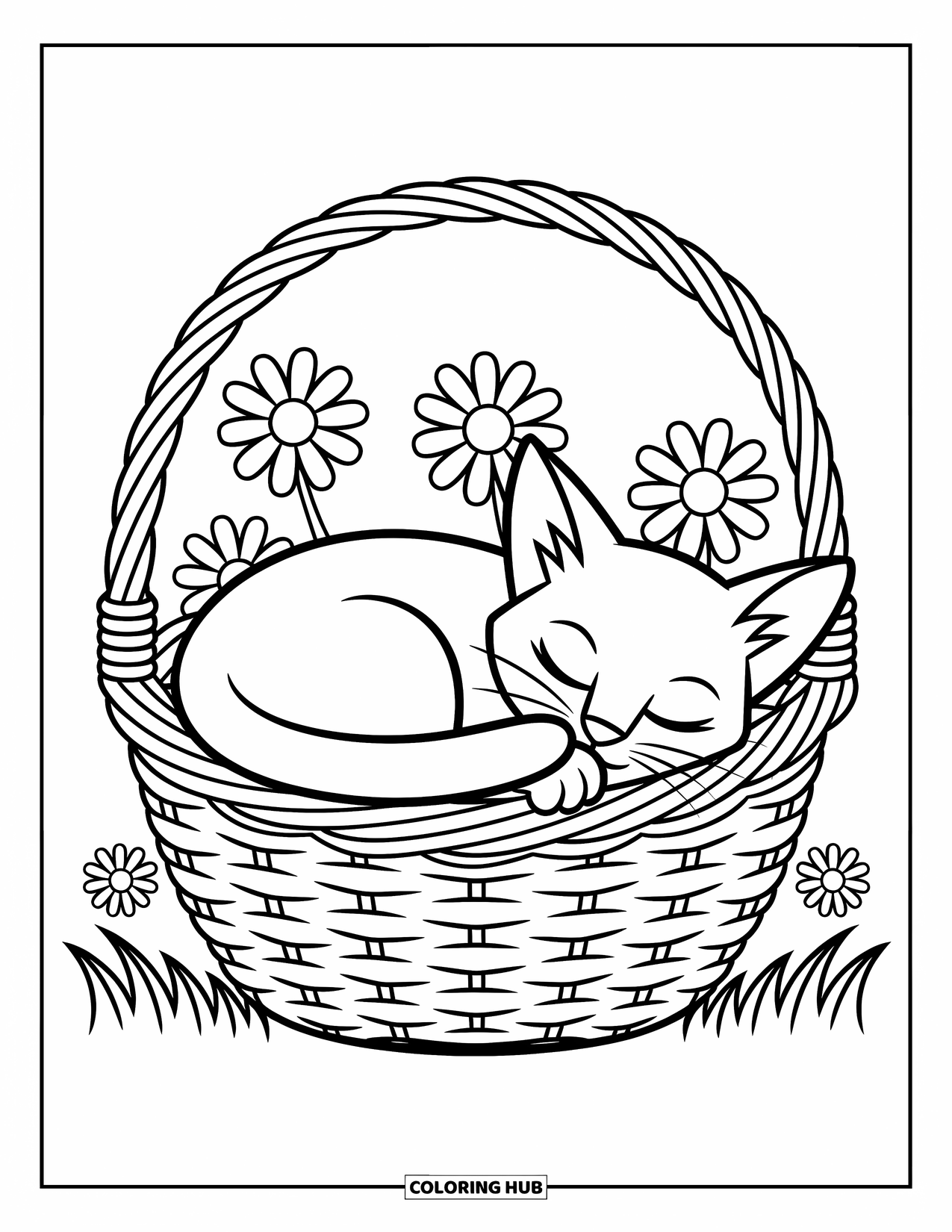 Dibujo de gato para colorear para niños: Un gatito acurrucado descansa plácidamente en una cesta, rodeado de patrones juguetones