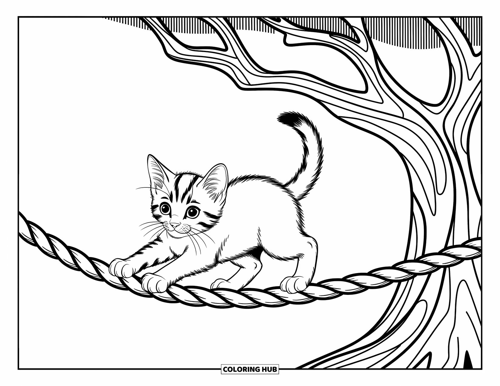 Dibujo de gato para colorear para niños: Un gatito audaz se equilibra en una cuerda, enmarcado por ramas de líneas audaces y patrones intrincados y modernos