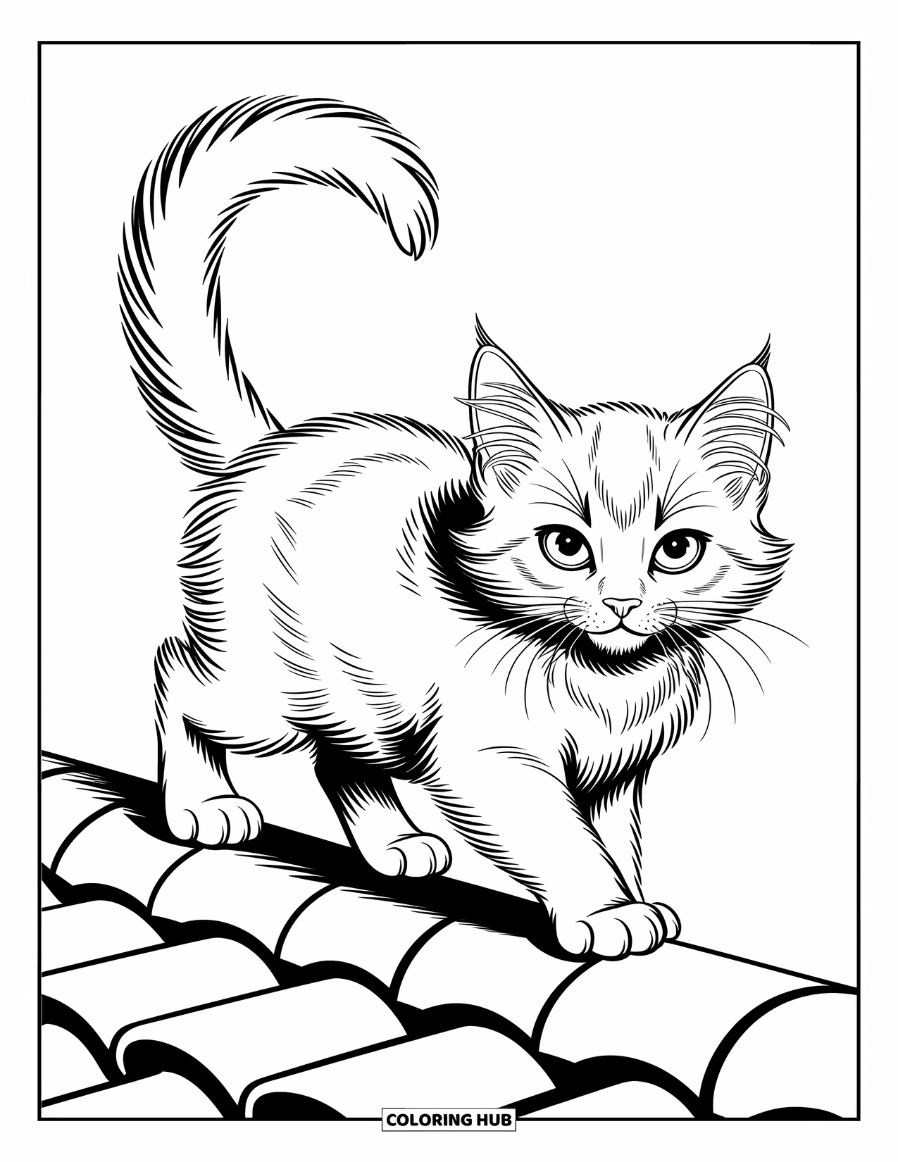 Dibujo de gato para colorear para niños: Un gatito audaz camina por el borde de un tejado, su silueta audaz contra el cielo abierto y nítido