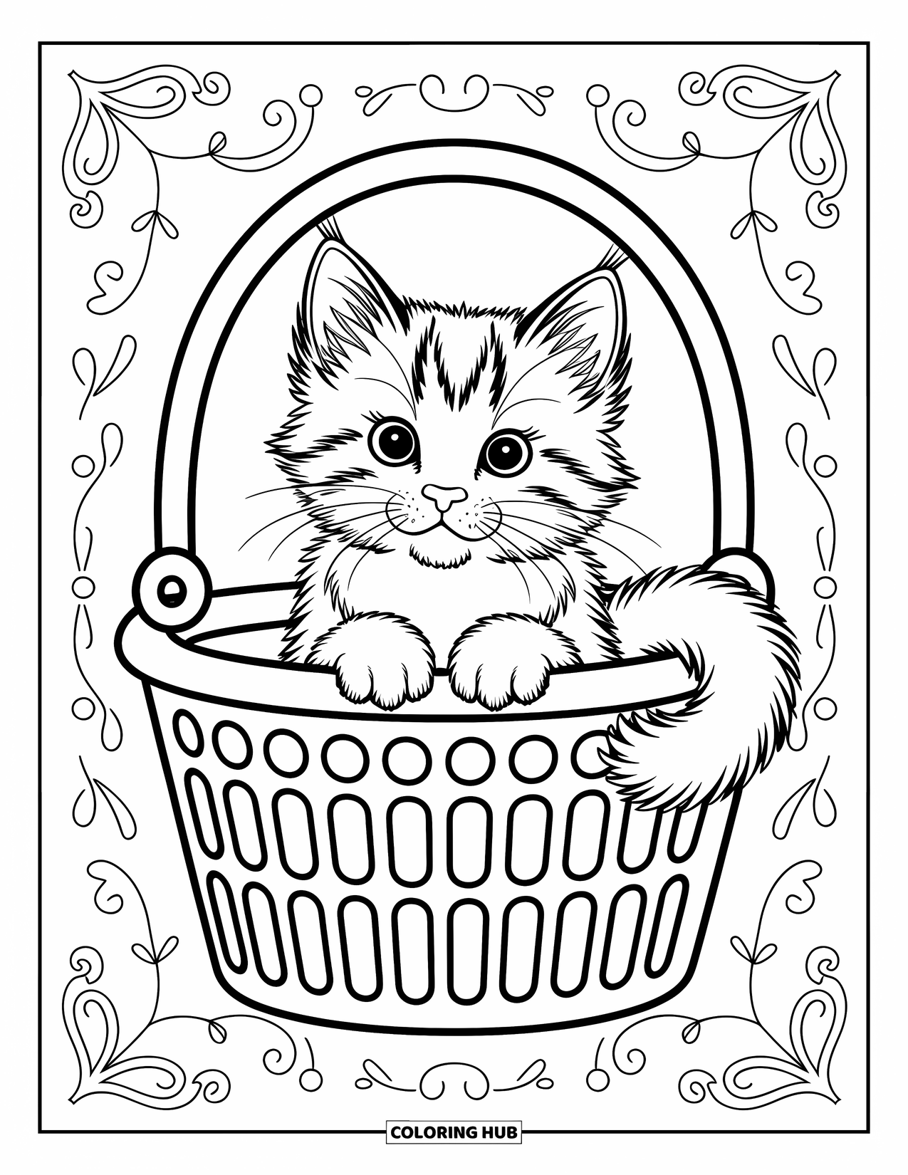 Dibujo de gato para colorear para niños: Un gato esponjoso se lanza hacia un ratón de cuerda, con sus ojos muy abiertos por la emoción