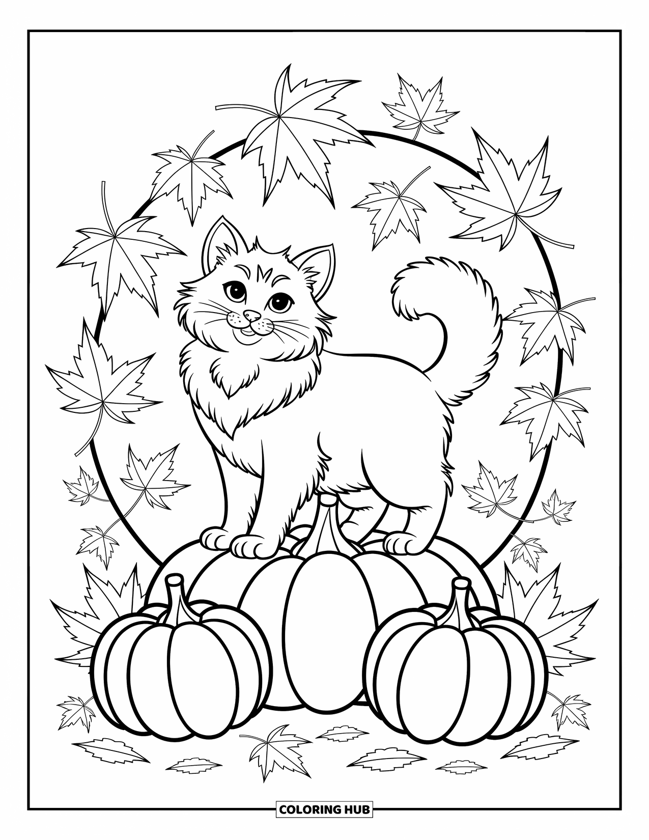 Dibujo de gato para colorear para niños: Un gato esponjoso está de pie entre calabazas, su cola se agita mientras las hojas de otoño se arremolinan en la brisa