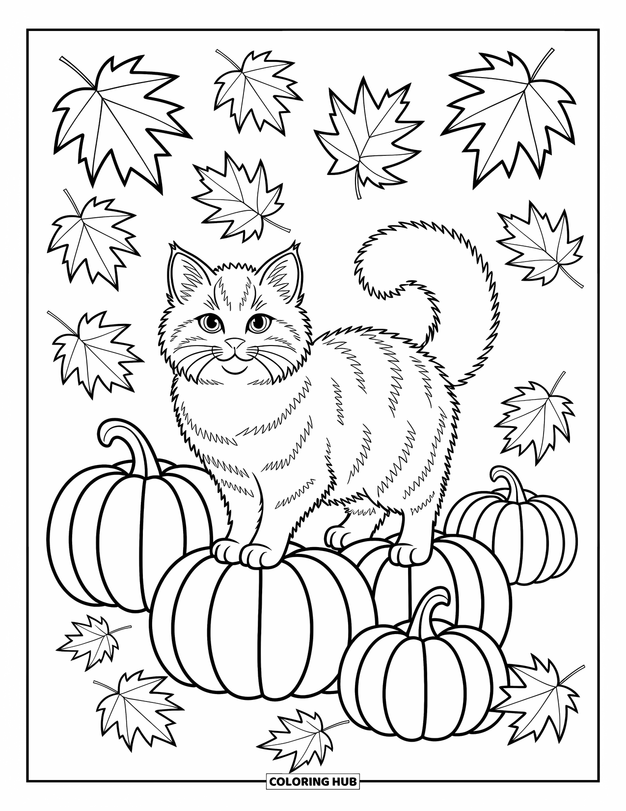 Dibujo de gato para colorear para niños: Un gato esponjoso está de pie en un campo de calabazas, rodeado de hojas de otoño arremolinadas en una escena caprichosa