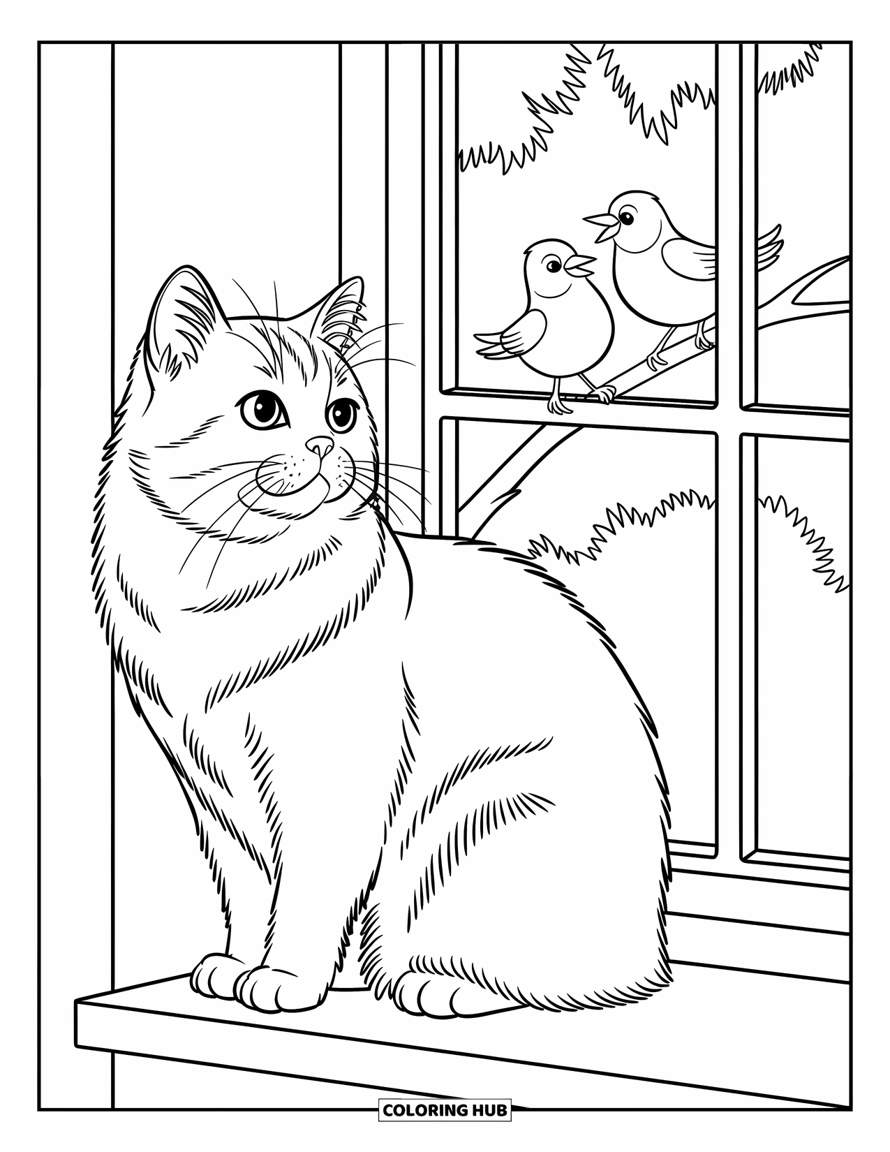 Dibujo de gato para colorear para niños: Un gato esponjoso observa a dos pájaros cantando desde el alféizar de una ventana acogedora en una escena encantadora