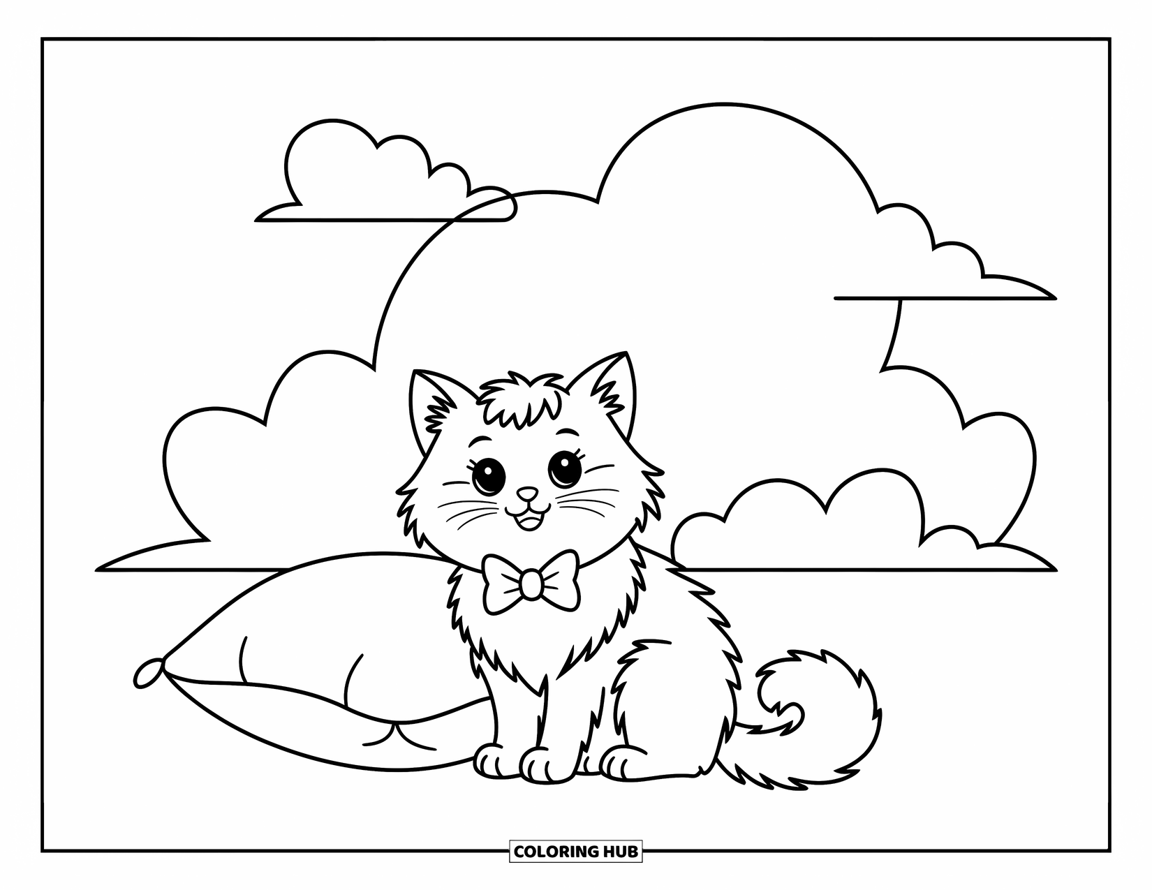 Dibujo de gato para colorear para niños: Un gato esponjoso con una pajarita descansa junto a una almohada, mirando feliz