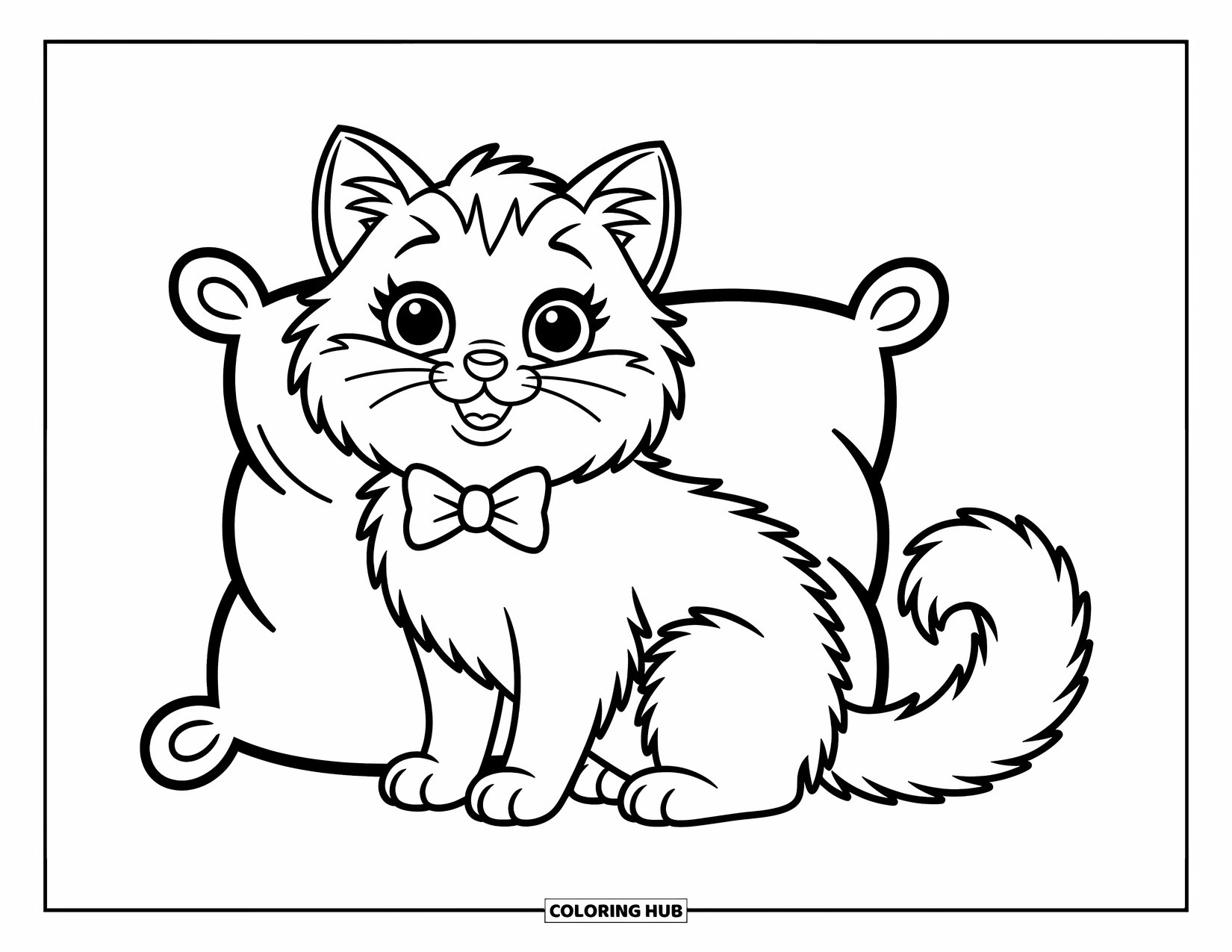 Dibujo de gato para colorear para niños: Un gato esponjoso con una pajarita se sienta junto a una almohada, luciendo cómodo y contento