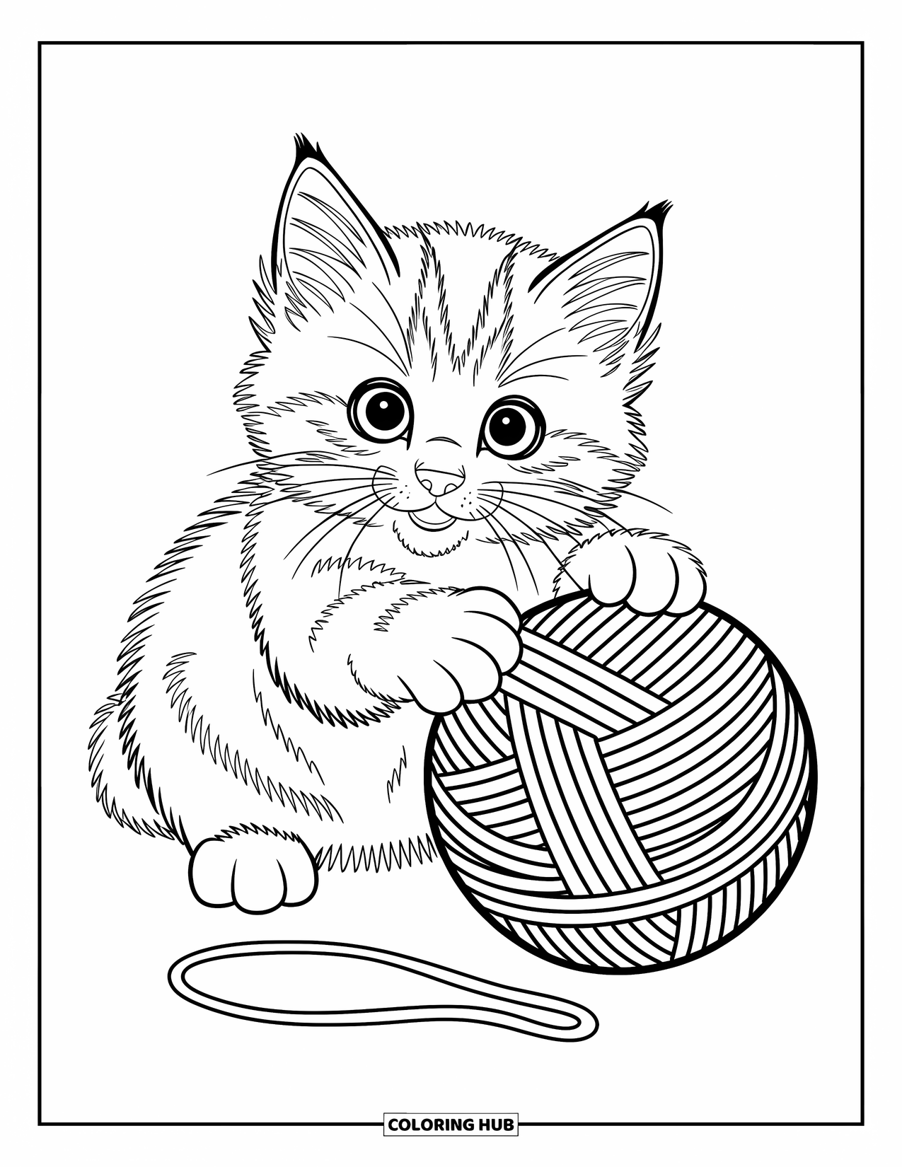 Dibujo de gato para colorear para niños: Un gatito esponjoso golpea con la pata una bola de estambre, con sus ojos llenos de curiosidad juguetona