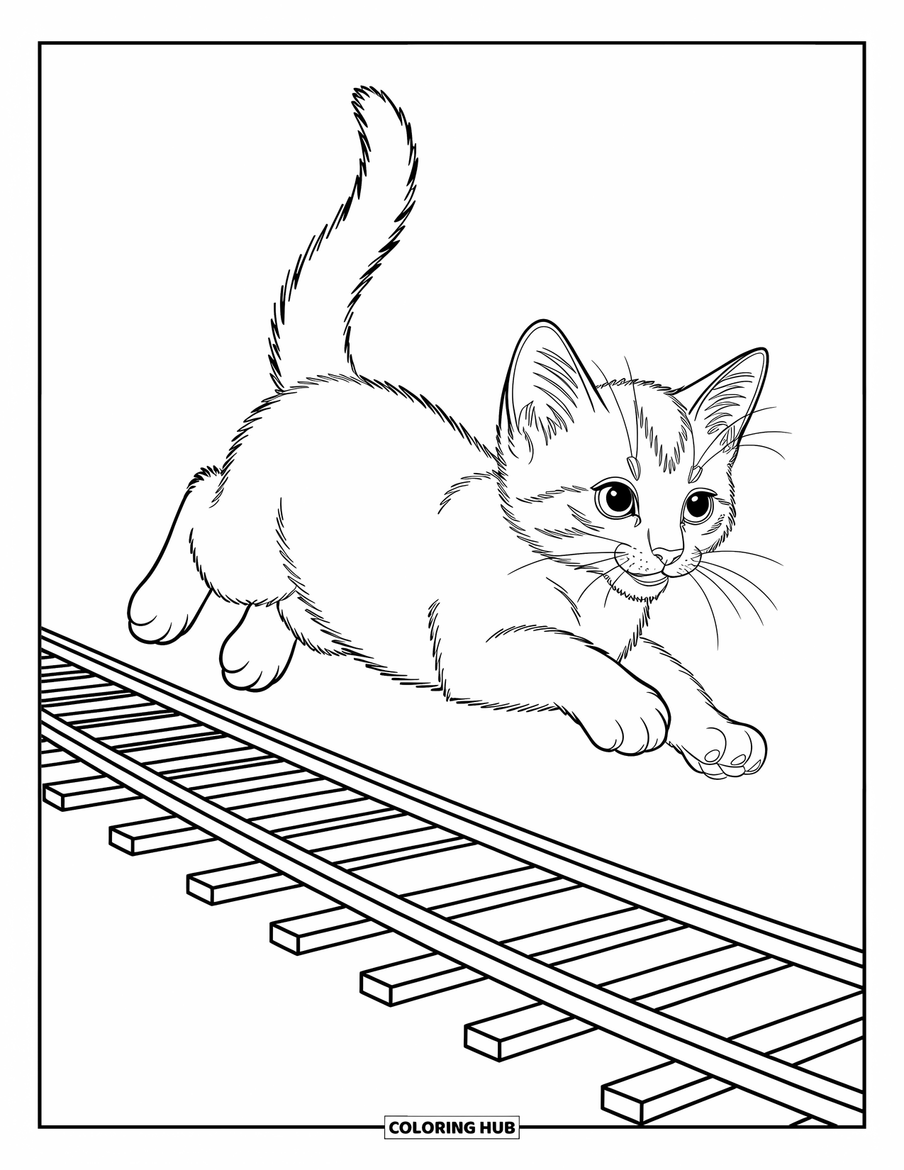 Dibujo de gato para colorear para niños: Un gatito esponjoso descansa dentro de una cesta llena de bocadillos, con patrones simples que añaden encanto