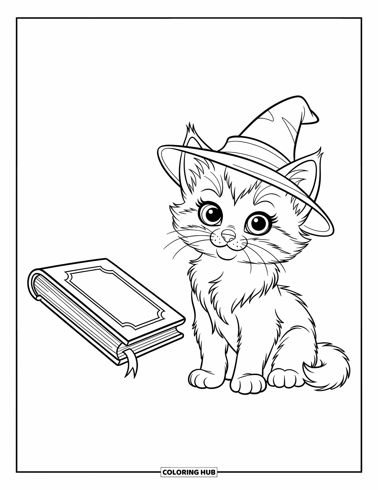 Dibujo de gato para colorear para niños: Un gatito esponjoso se sienta junto a un libro mágico flotante, con un pequeño sombrero de mago en una escena caprichosa
