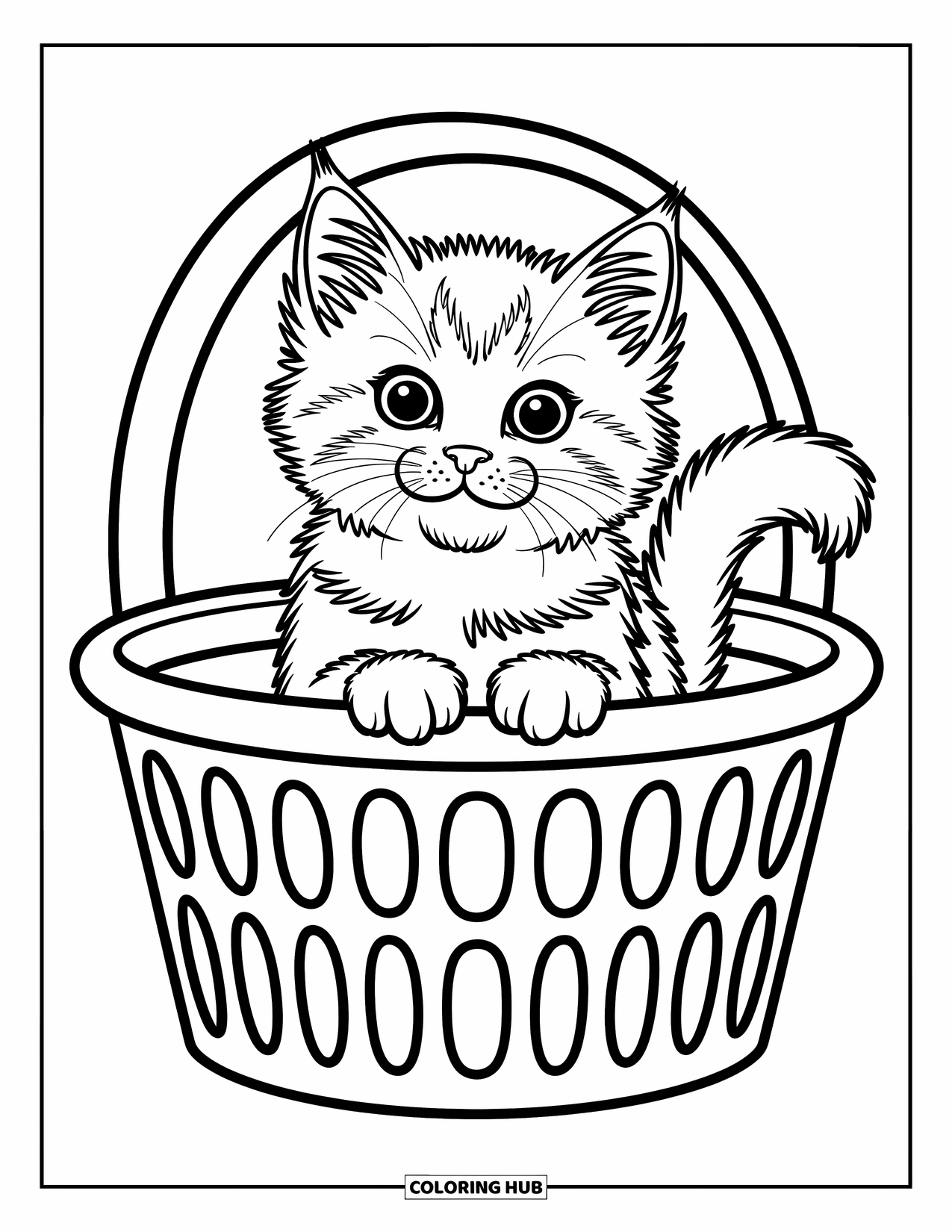 Dibujo de gato para colorear para niños: Un gatito esponjoso se sienta en una cesta de la ropa, con su cola envuelta alrededor del asa