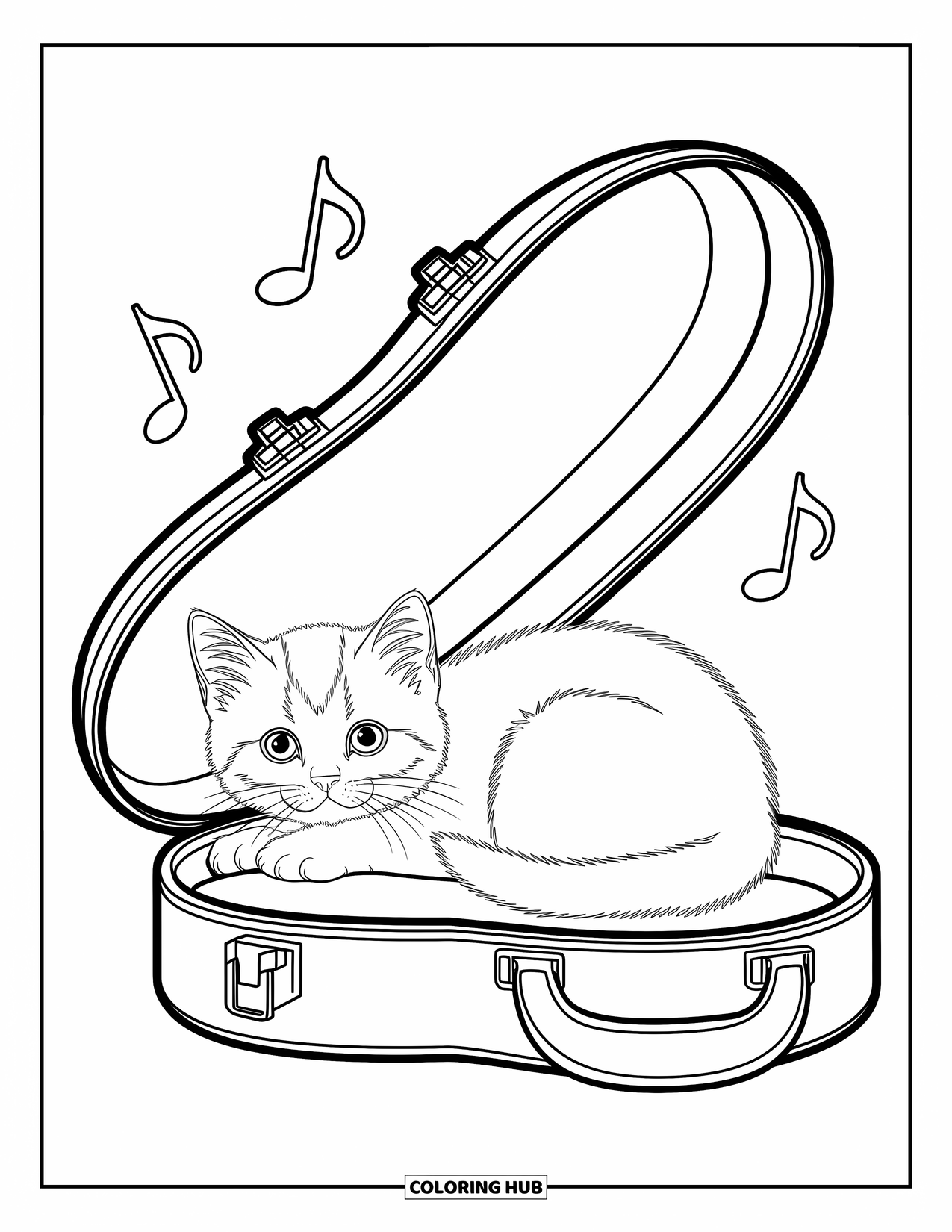 Dibujo de gato para colorear para niños: Un gatito esponjoso se acurruca en un estuche de violín, con sus ojos curiosos asomando en medio de detalles musicales intrincados