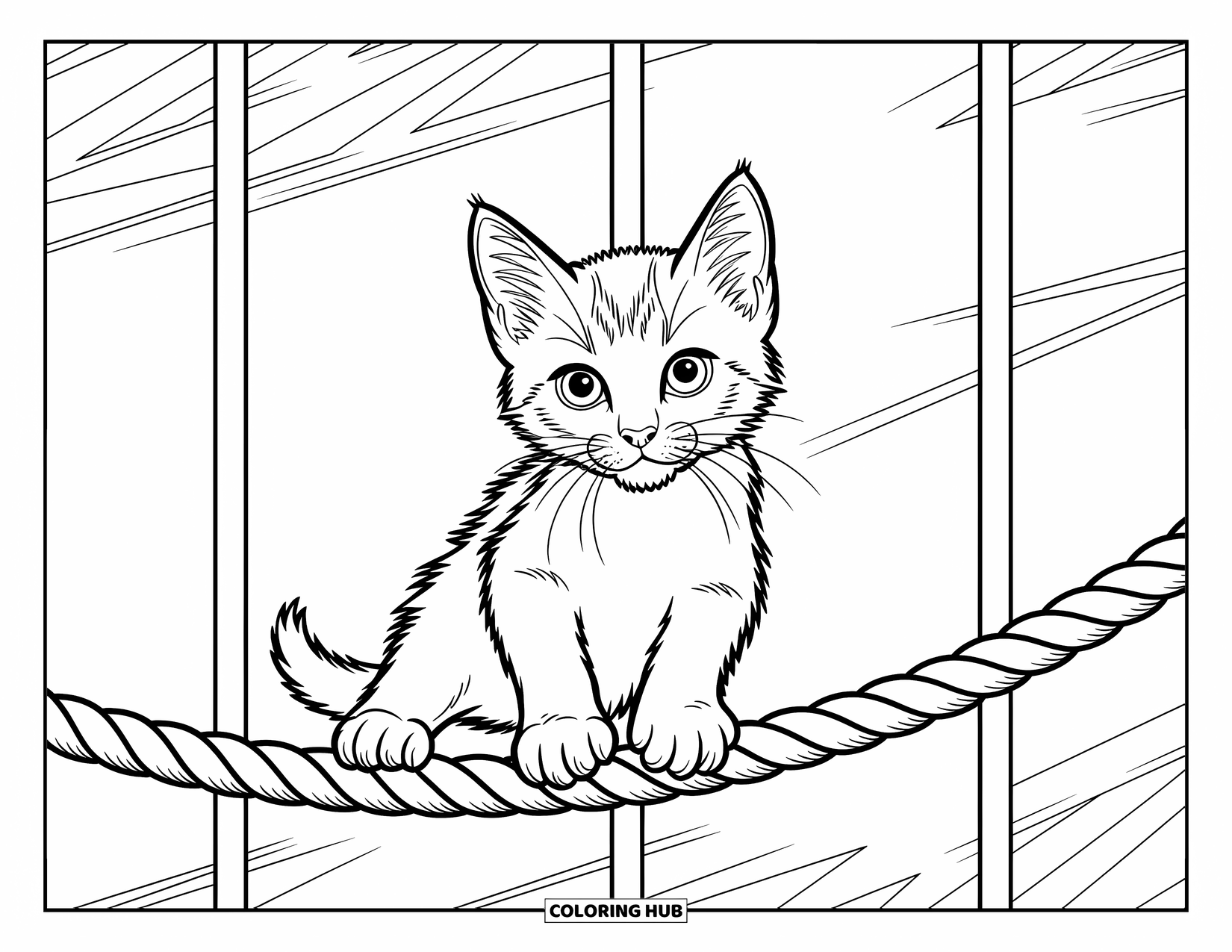 Dibujo de gato para colorear para niños: Un gatito se aferra a una cuerda gruesa, suspendido en el aire con líneas audaces y dinámicas que capturan su movimiento