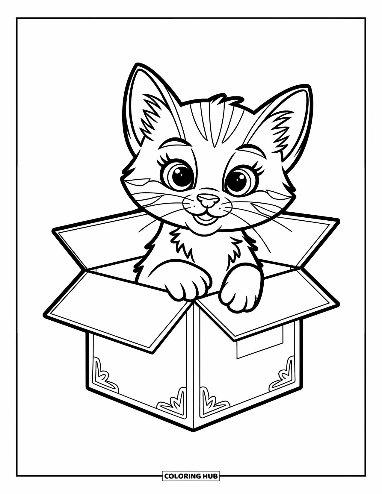Dibujo de gato para colorear para niños: Un gatito se esconde dentro de una pequeña caja de cartón, con su cola esponjosa enrollándose sobre el borde