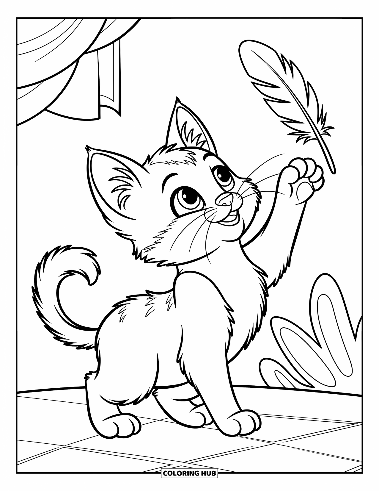 Dibujo de gato para colorear para niños: Un gatito dentro de una taza de té mira hacia arriba con una expresión dulce y curiosa