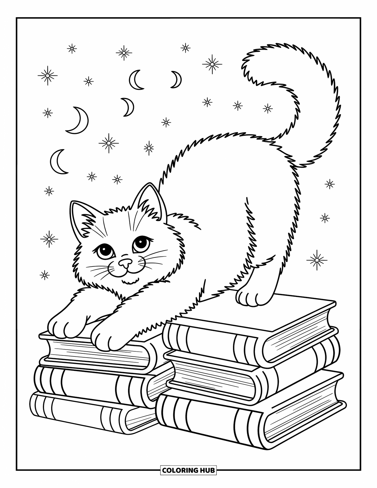 Dibujo de gato para colorear para niños: Un gatito golpea alegremente una bellota, con pequeñas flores y hojas esparcidas que añaden encanto