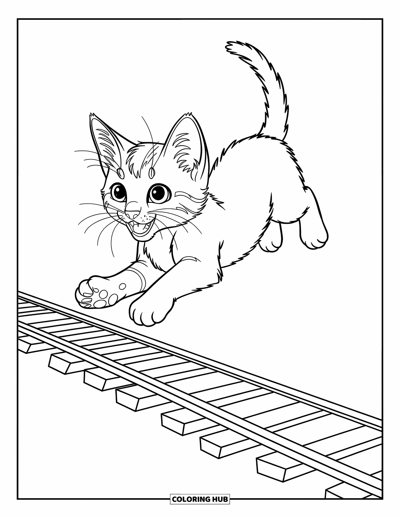 Dibujo de gato para colorear para niños: Un gatito salta graciosamente sobre una vía de tren de juguete, con su cola arqueada juguetonamente en el aire