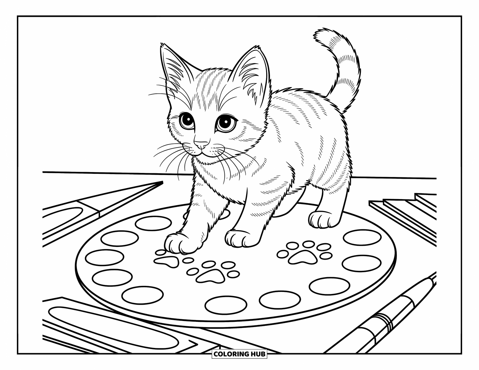 Dibujo de gato para colorear para niños: Un gatito deja huellas de patas juguetonas en una paleta de pintura, rodeado de patrones expresivos y dinámicos