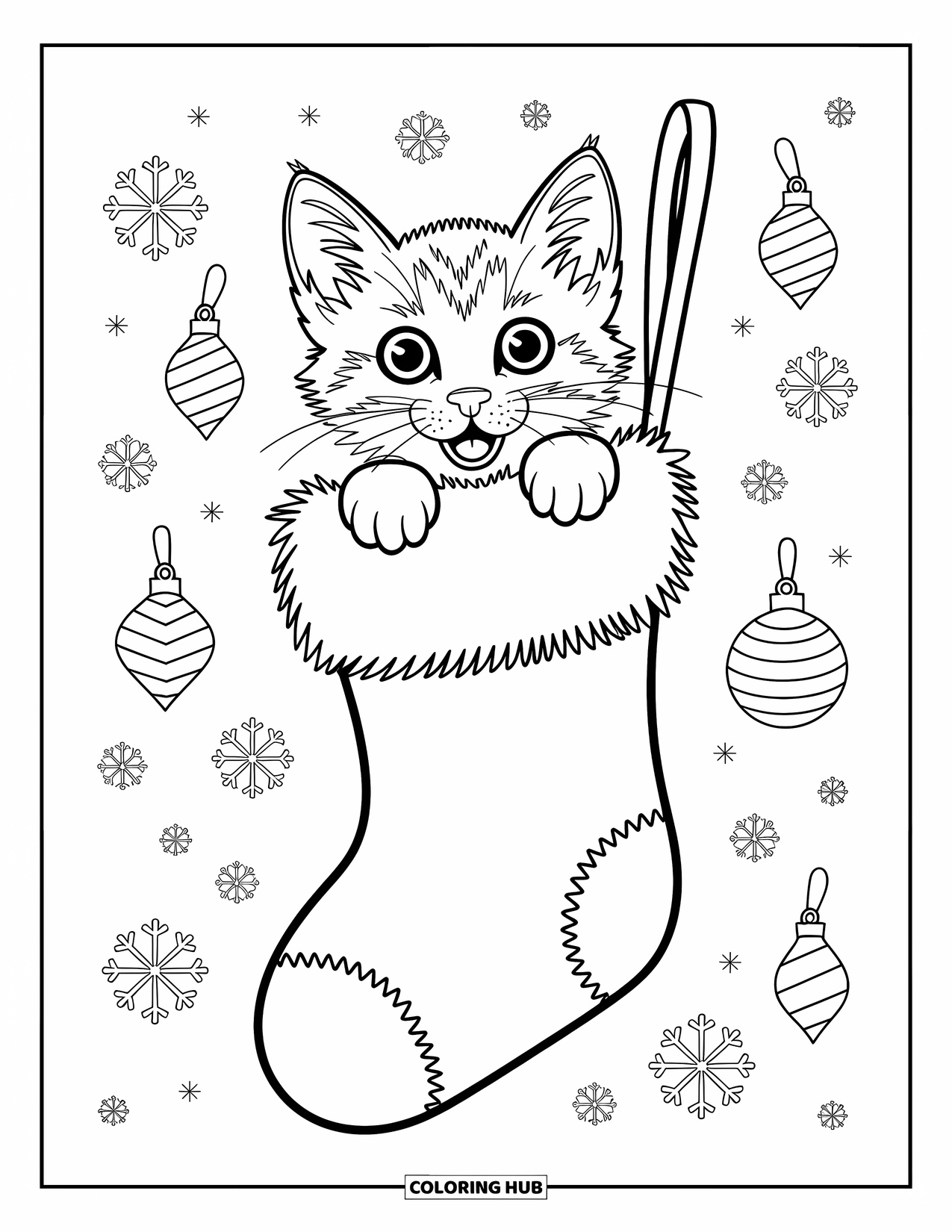 Dibujo de gato para colorear para niños: Un gatito asoma emocionado de una media navideña, con hojas de acebo y detalles brillantes que añaden encanto