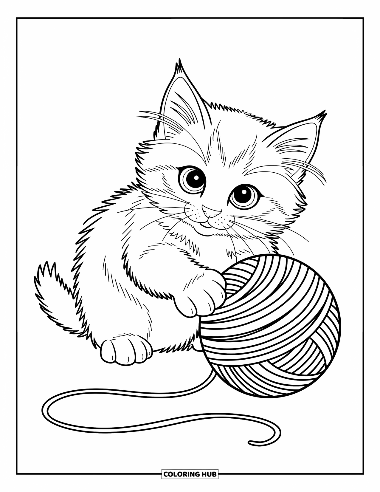 Dibujo de gato para colorear para niños: Un gatito golpea juguetonamente una gran bola de estambre, con su cola enrollada por la emoción