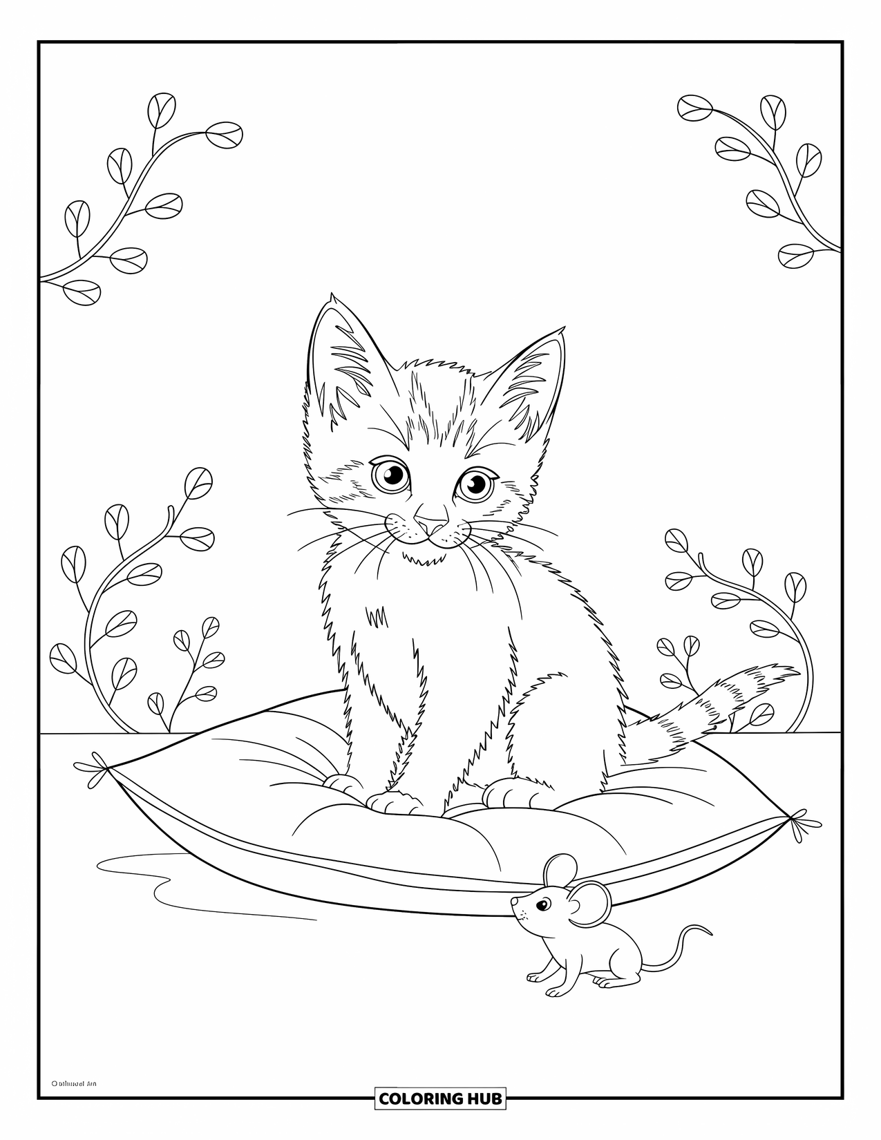 Dibujo de gato para colorear para niños: Un gatito se sienta en una almohada de felpa, mirando fijamente a un pequeño ratón de juguete