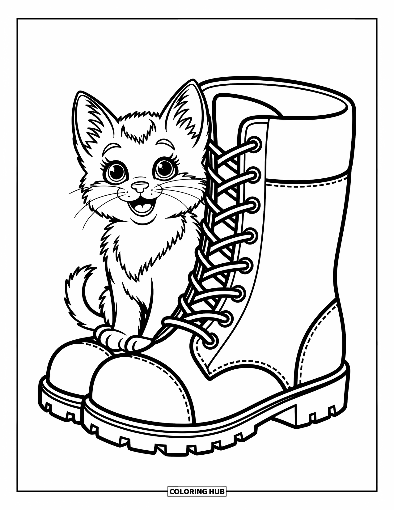 Dibujo de gato para colorear para niños: Un gatito se sienta cómodamente dentro de una bota, sus ojos brillan de curiosidad