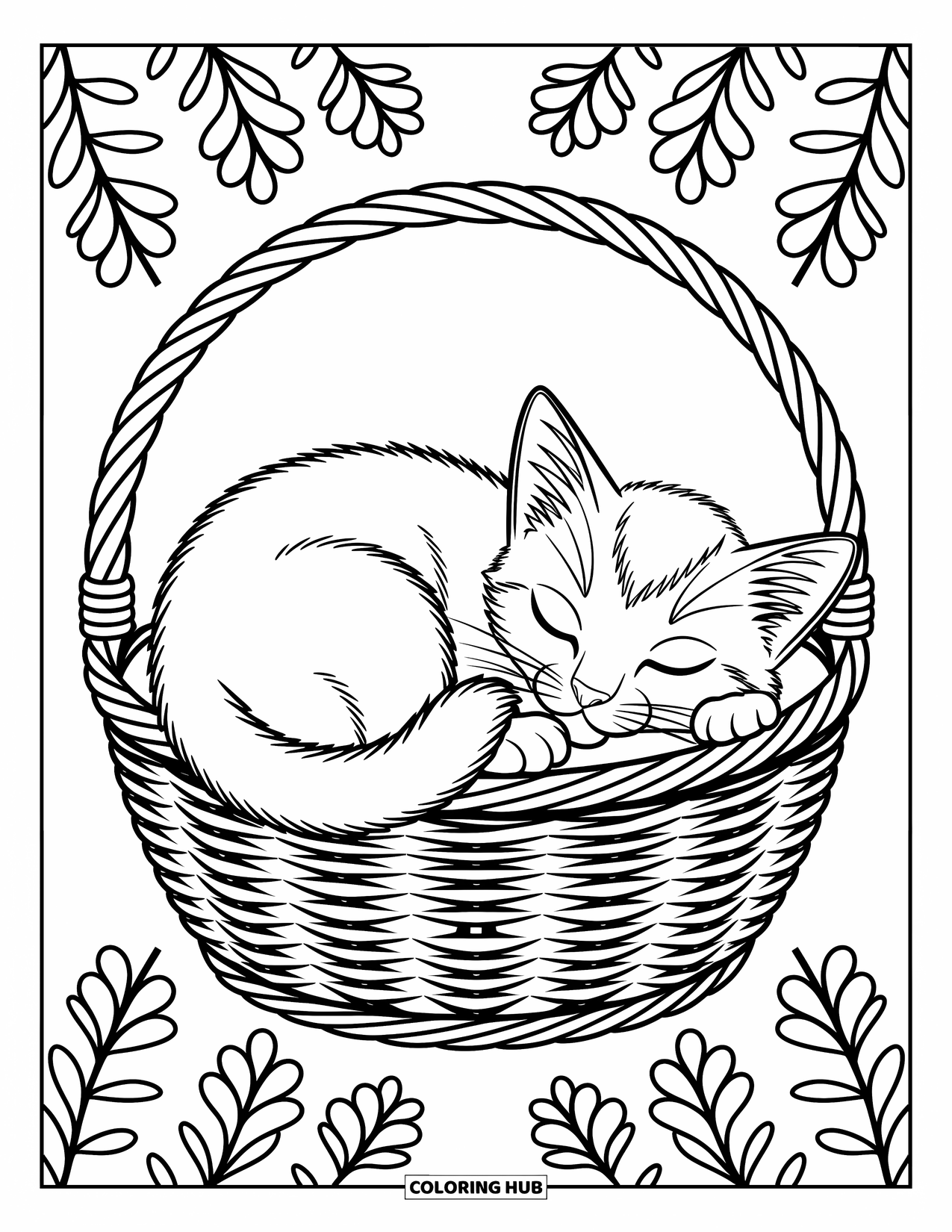 Dibujo de gato para colorear para niños: Un gatito duerme dentro de una cesta acogedora, sus pequeñas patas metidas debajo de su barbilla