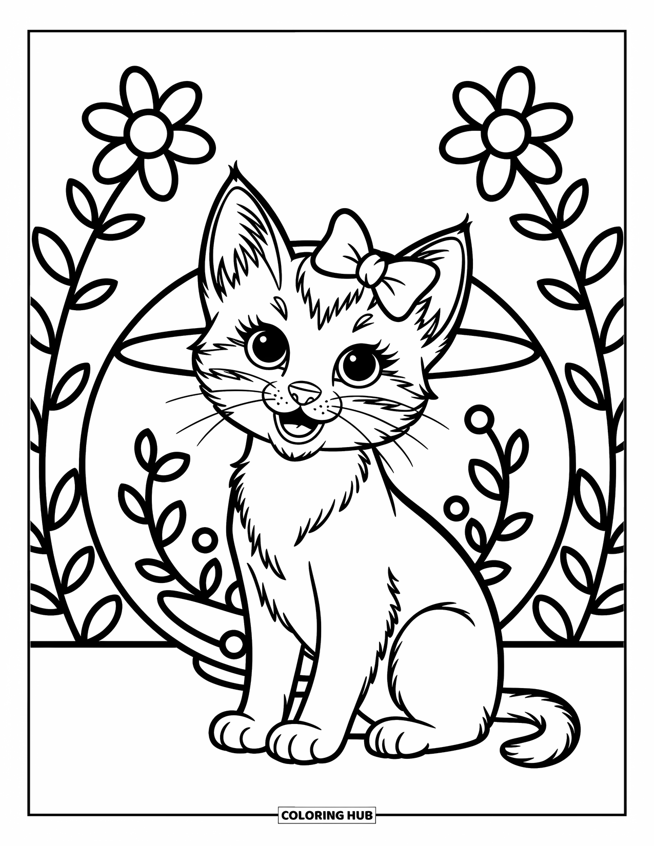 Dibujo de gato para colorear para niños: Un gatito con un lazo se sienta con gracia cerca de una pecera, con los ojos llenos de asombro