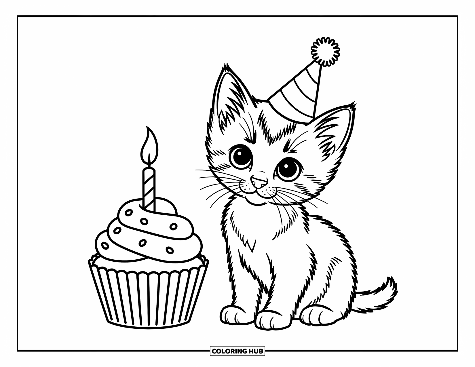 Dibujo de gato para colorear para niños: Un gatito con un pequeño gorro de fiesta se sienta junto a un cupcake con una vela