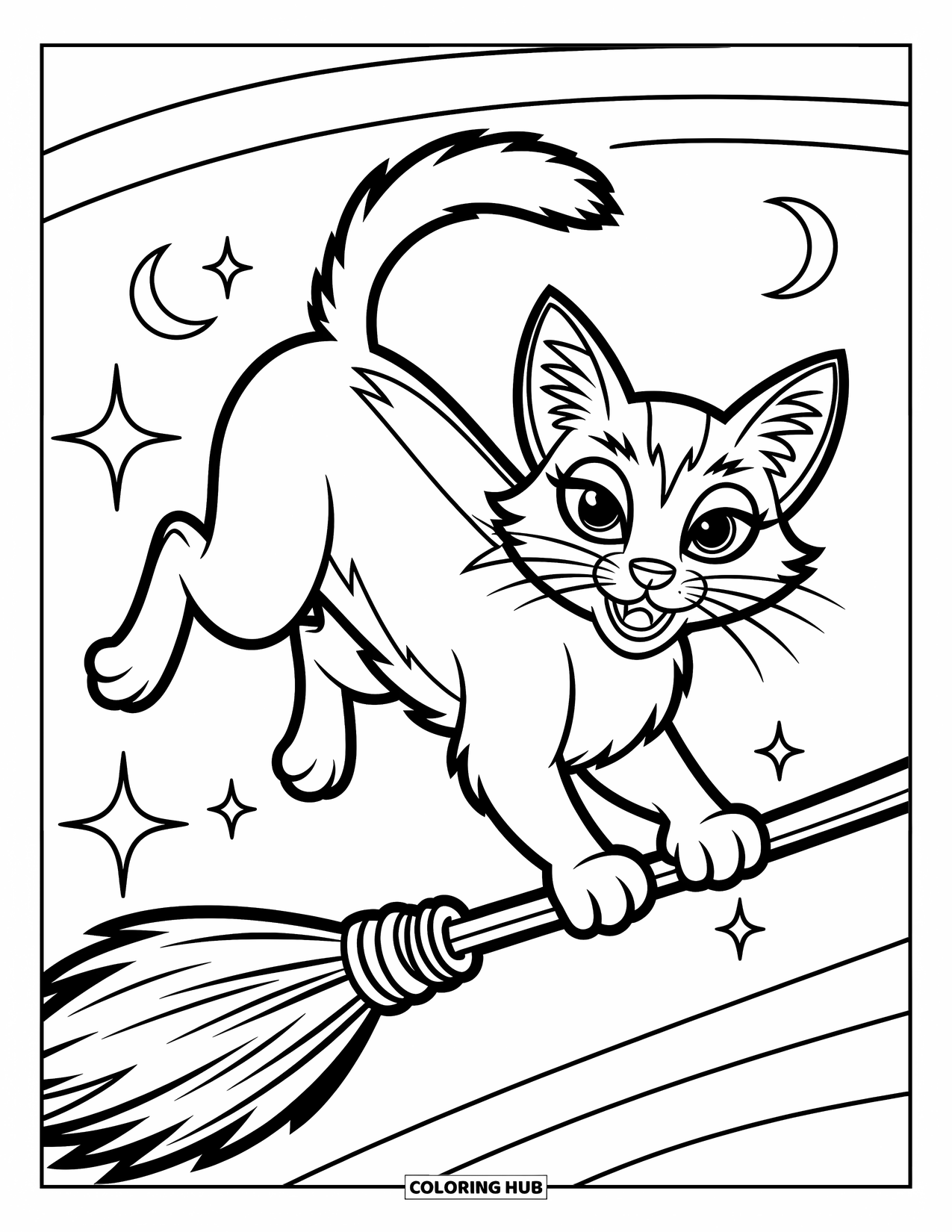 Dibujo de gato para colorear para niños: Un gato animado monta un palo de escoba por el aire, enmarcado por lunas crecientes y patrones arremolinados juguetones