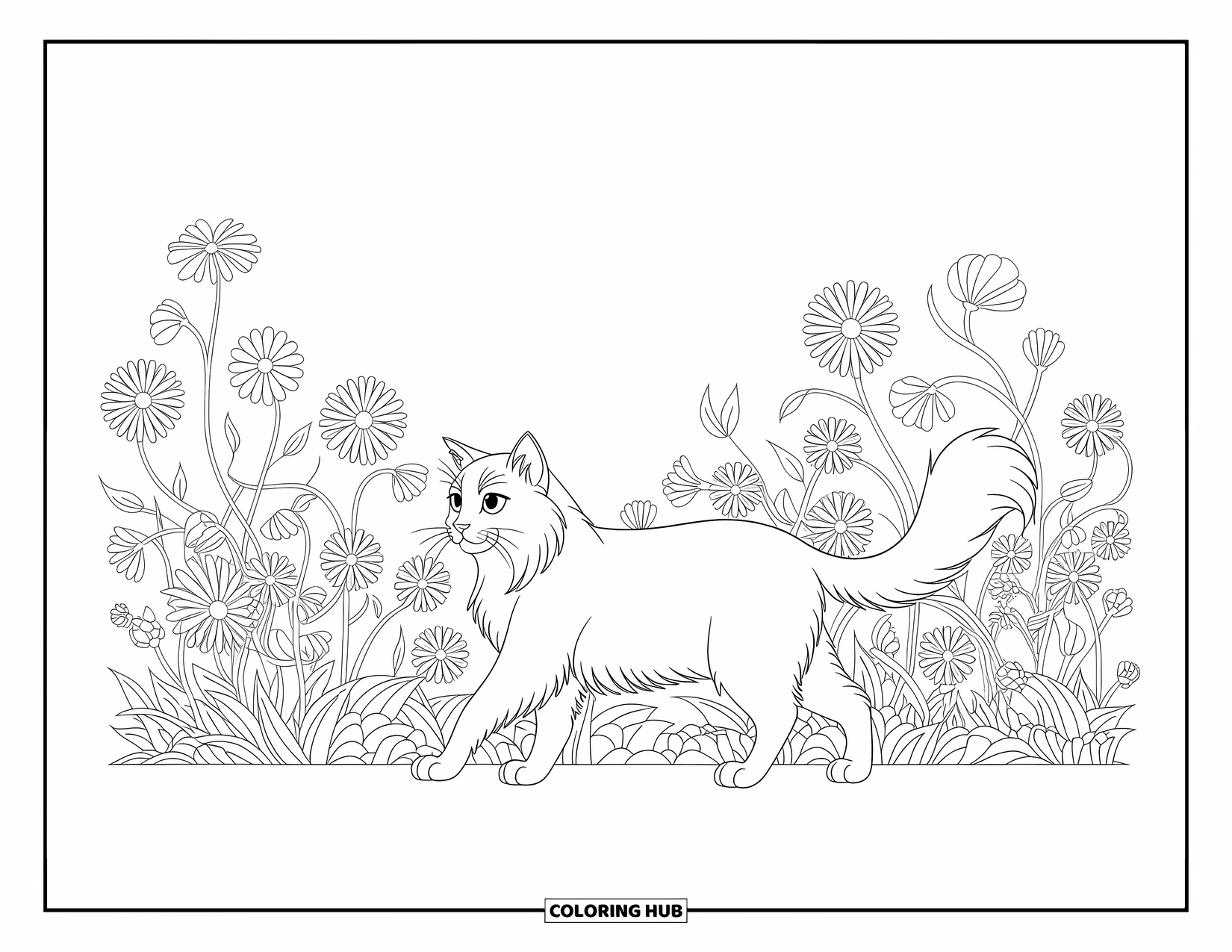 Dibujo de gato para colorear para niños: Un gato de pelo largo se mueve a través de un jardín vibrante, su silueta enmarcada por patrones florales dinámicos
