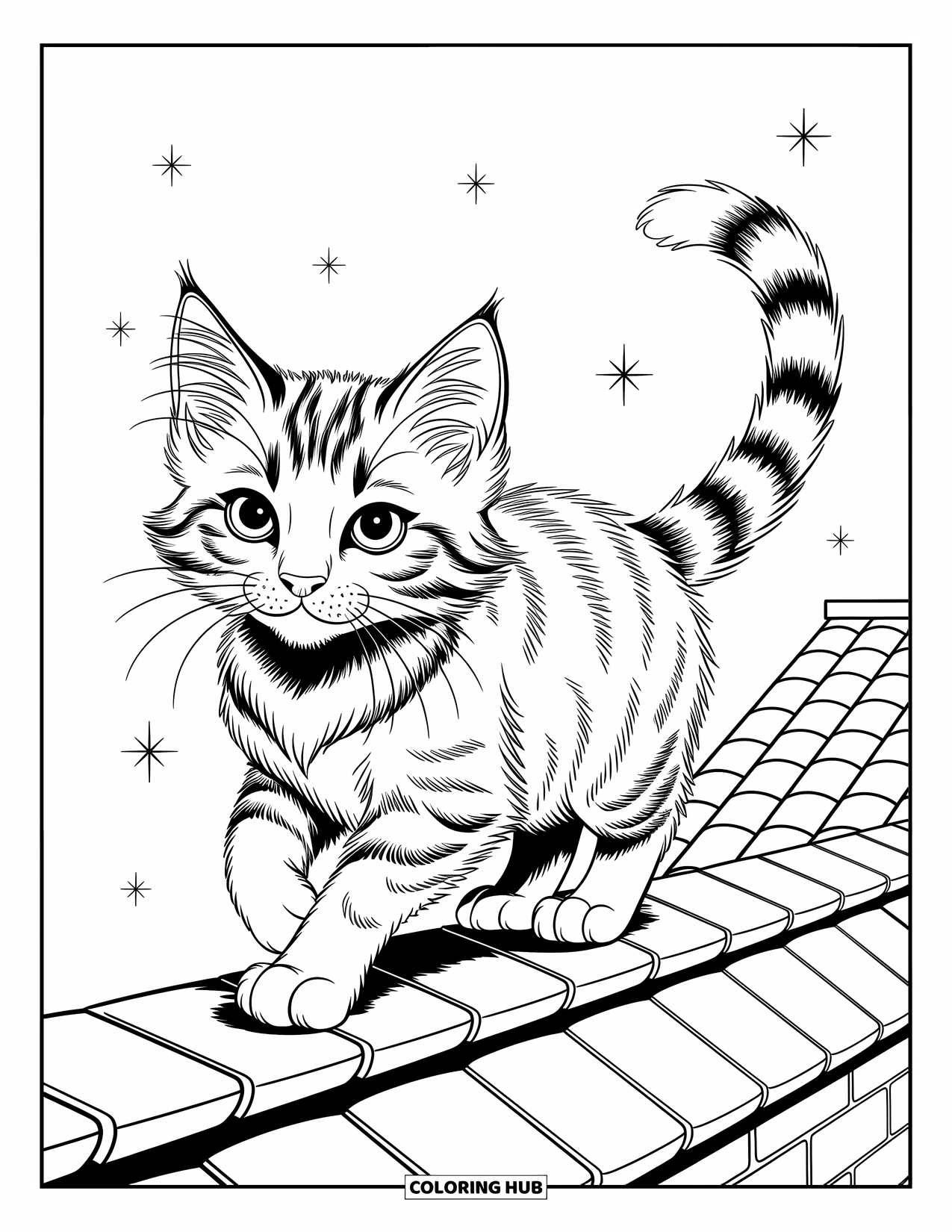 Dibujo de gato para colorear para niños: Un gatito de pelo largo camina por el borde de un tejado, su mirada fija en un estilo moderno y expresivo