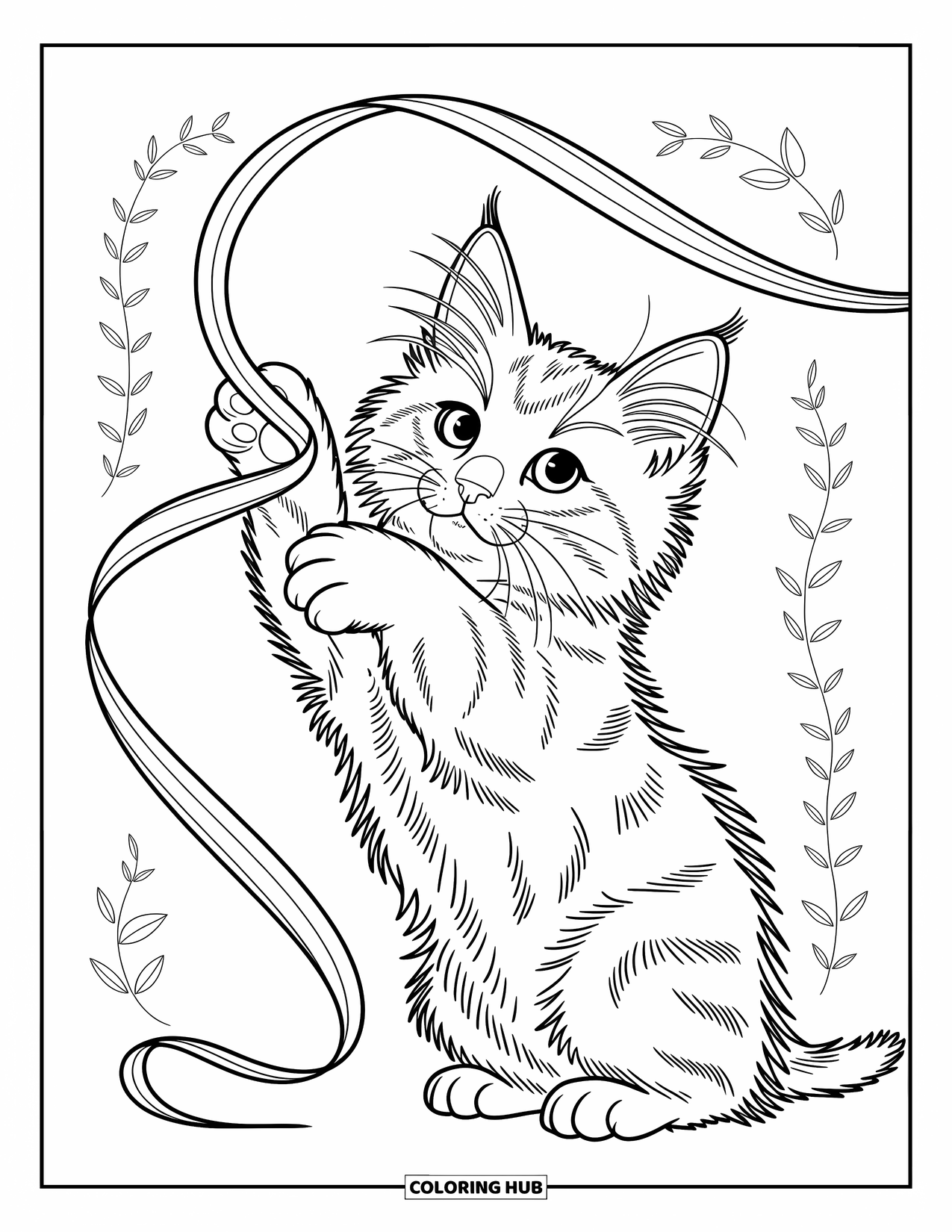 Dibujo de gato para colorear para niños: Un gatito Maine Coon estira sus patas hacia una cinta juguetona en una escena enérgica