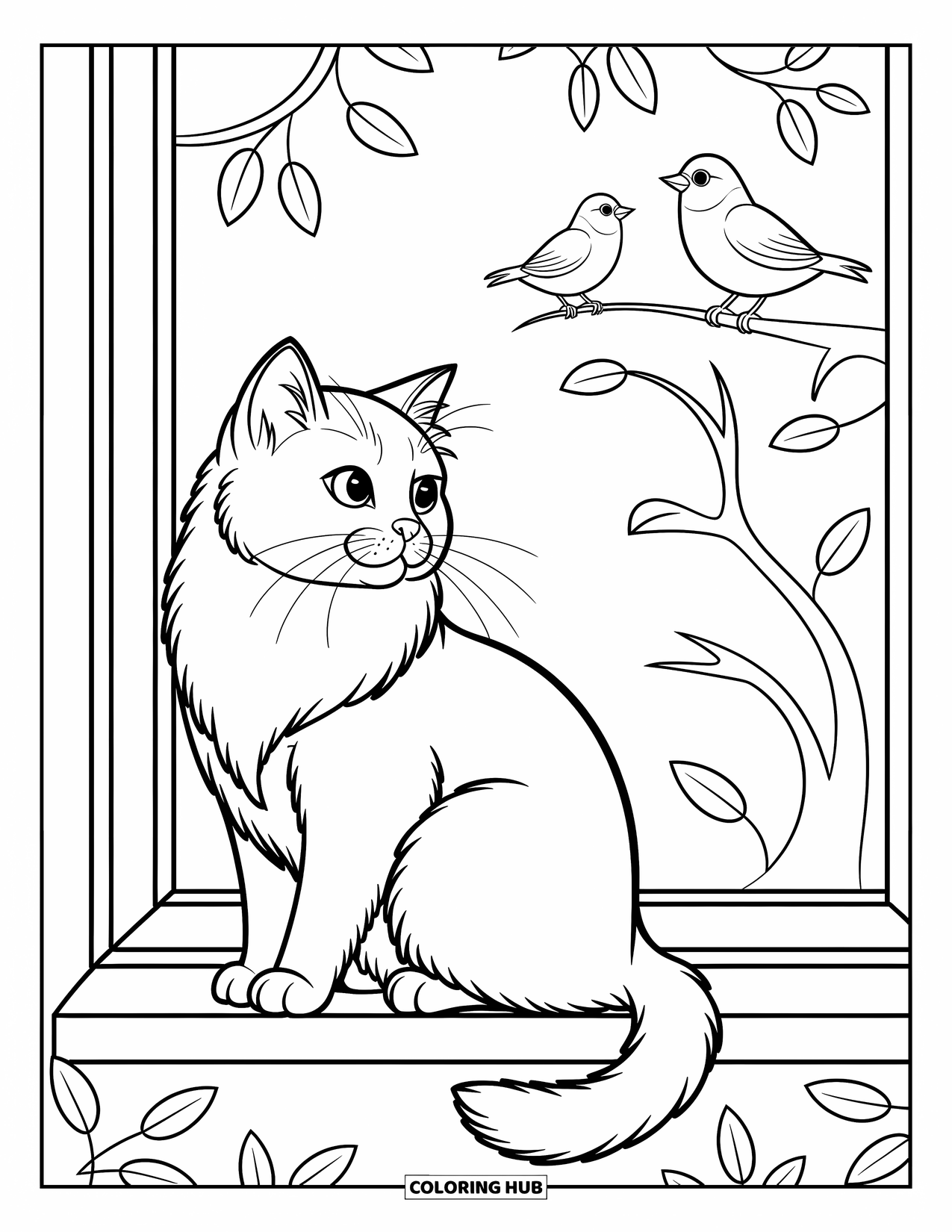Dibujo de gato para colorear para niños: Un gato persa mira a los pájaros juguetones posados en una rama justo afuera de la ventana