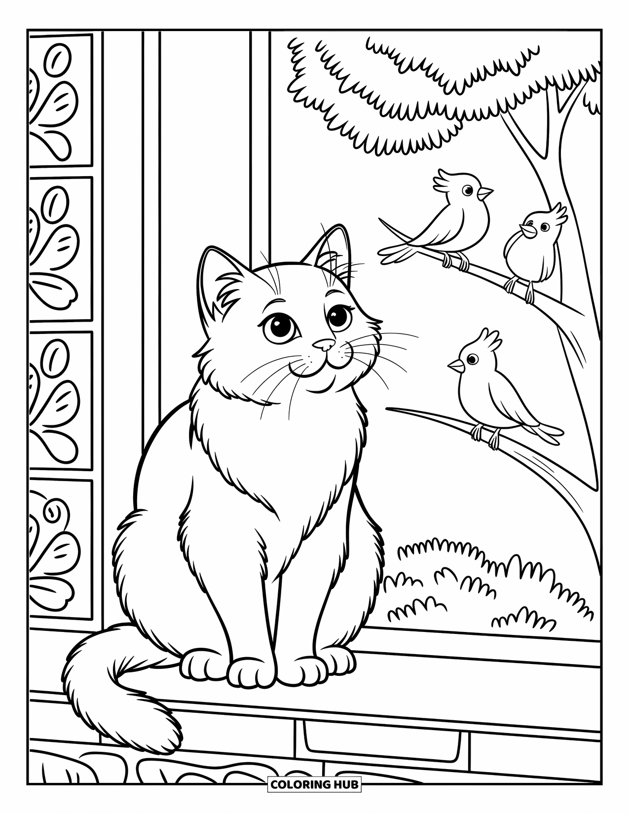 Dibujo de gato para colorear para niños: Un gato persa se sienta en el alféizar de una ventana, con sus ojos curiosos fijos en los pájaros de afuera