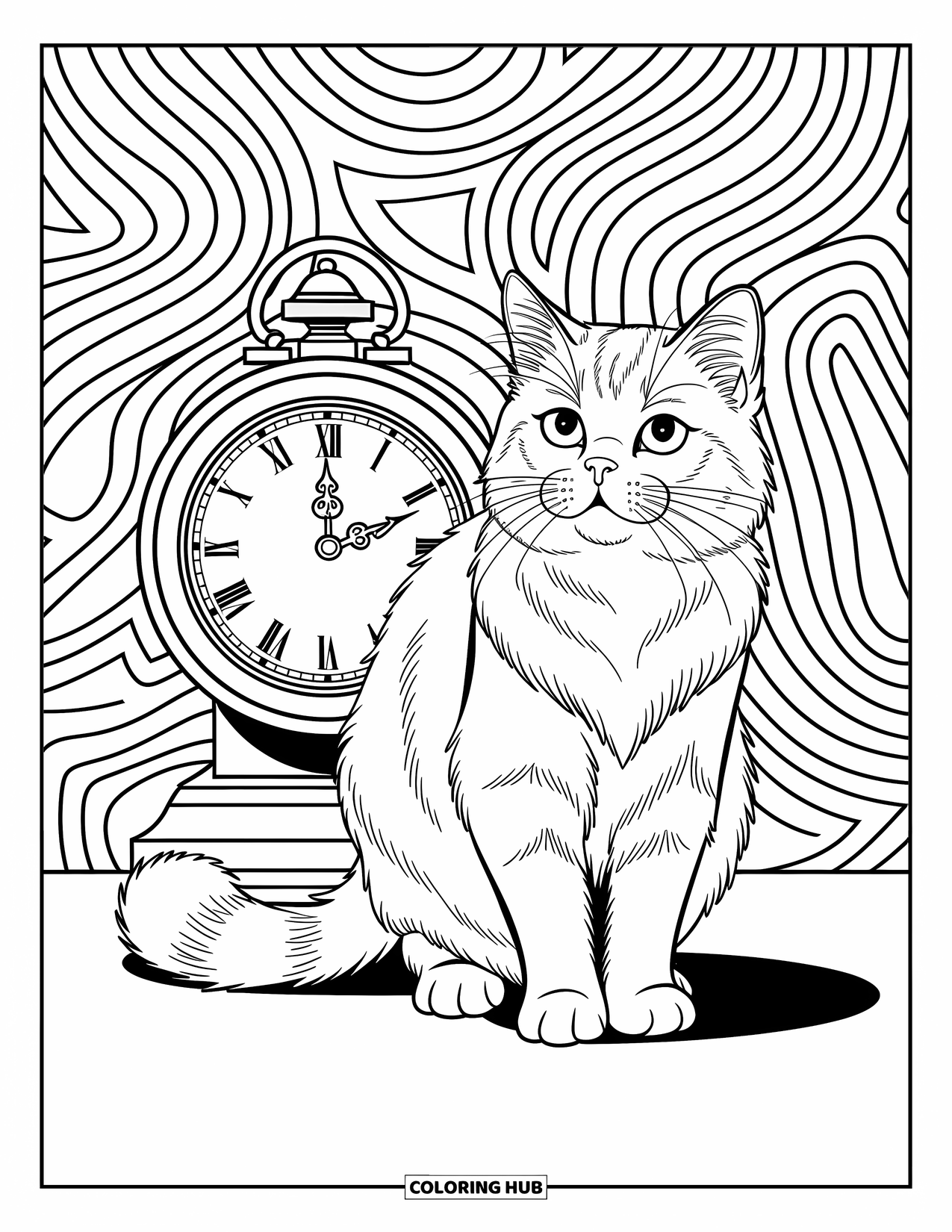 Dibujo de gato para colorear para niños: Un gato persa se alza con gracia junto a un reloj ornamentado, su pelaje fluye en líneas audaces y expresivas