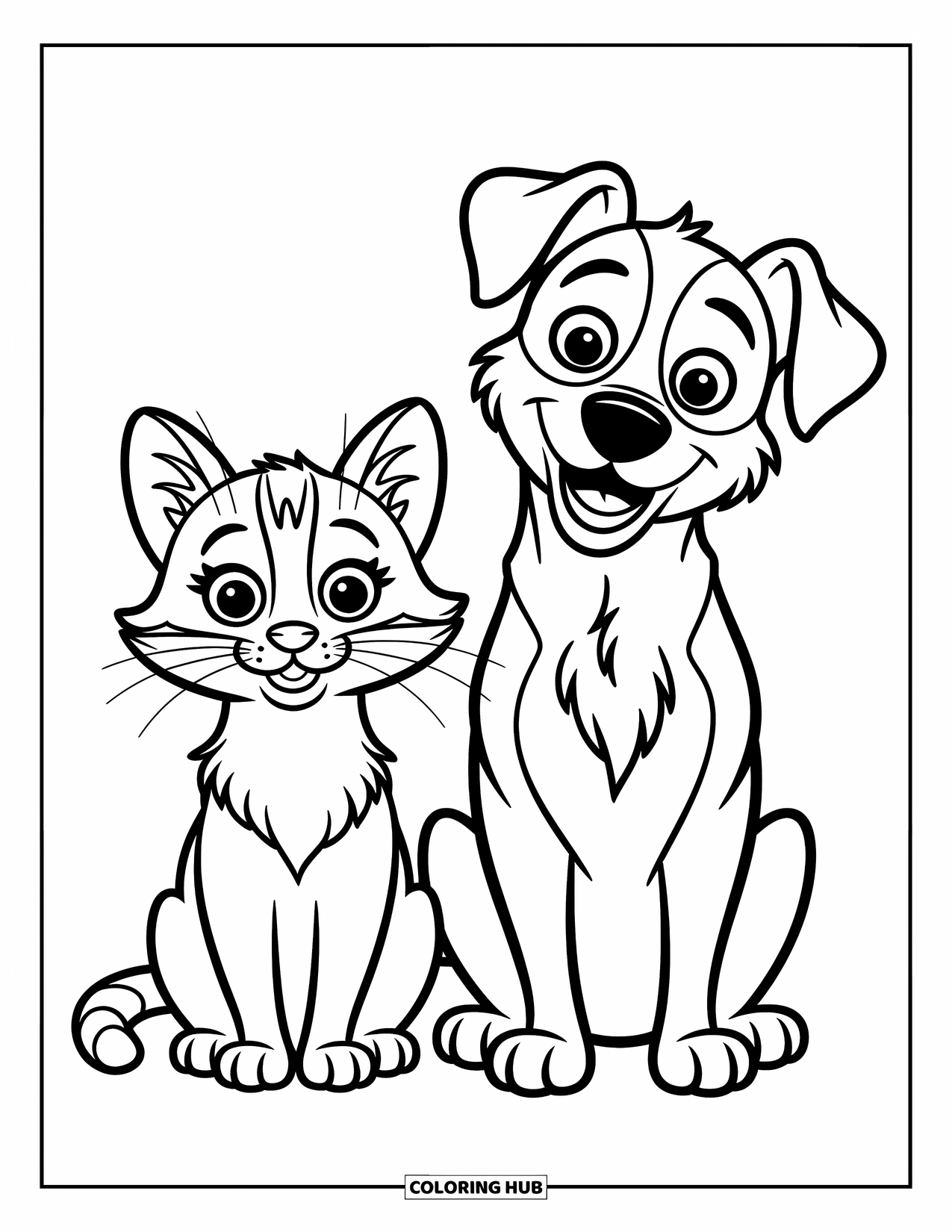 Dibujo de gato para colorear para niños: Un gato juguetón y un perro alegre se sientan juntos, sus ojos llenos de curiosidad y calidez