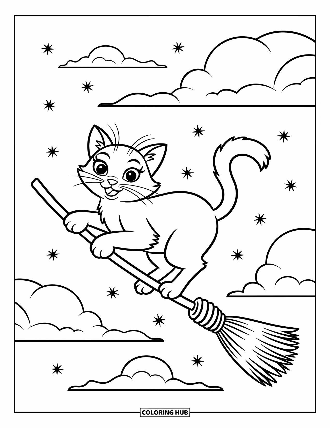 Dibujo de gato para colorear para niños: Un gato juguetón se equilibra en un palo de escoba, rodeado de estrellas arremolinadas y una sensación de aventura mágica