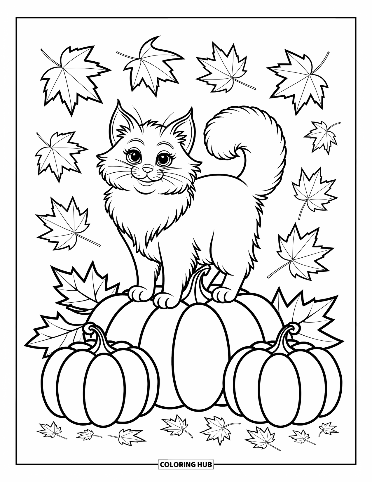 Dibujo de gato para colorear para niños: Un gato juguetón se posa en calabazas, con hojas de otoño nítidas flotando alrededor en una composición dinámica