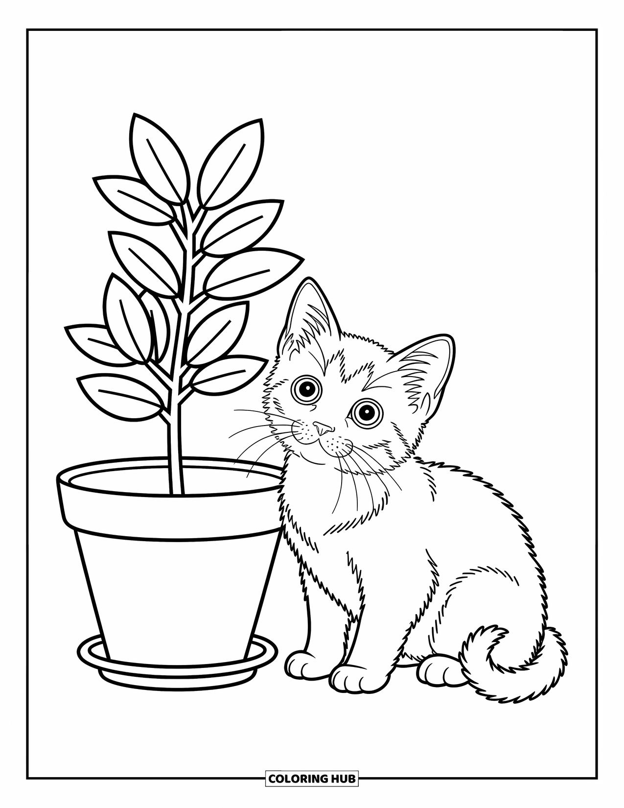 Dibujo de gato para colorear para niños: Un gatito juguetón se inclina hacia una planta en maceta, con sus grandes ojos llenos de curiosidad